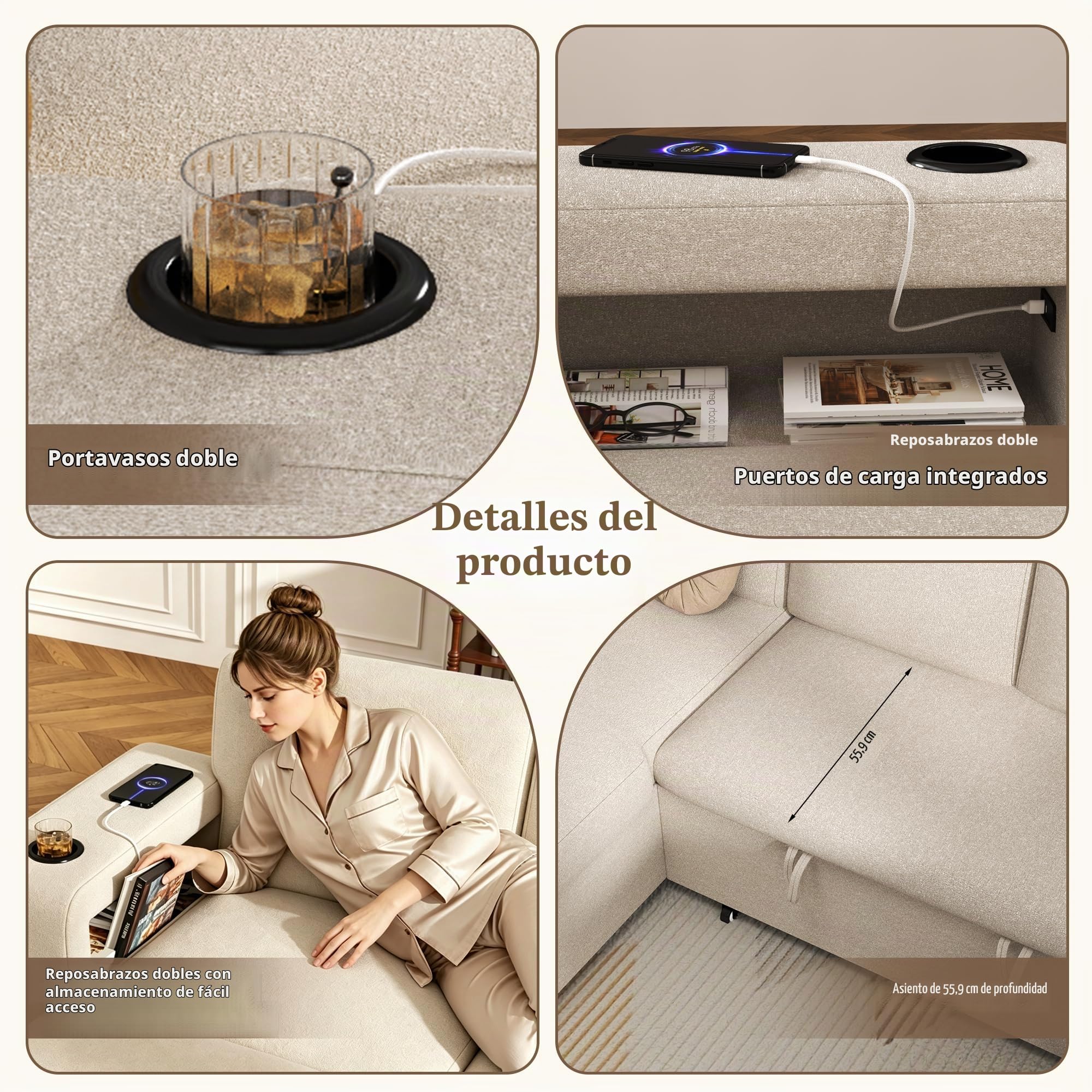 Sofá esquinero modular de 5 plazas en forma de L con función de cama, chaise longue con almacenamiento y puerto de carga USB, cama extraíble, respaldo ajustable, tela de cachemira, beige y
