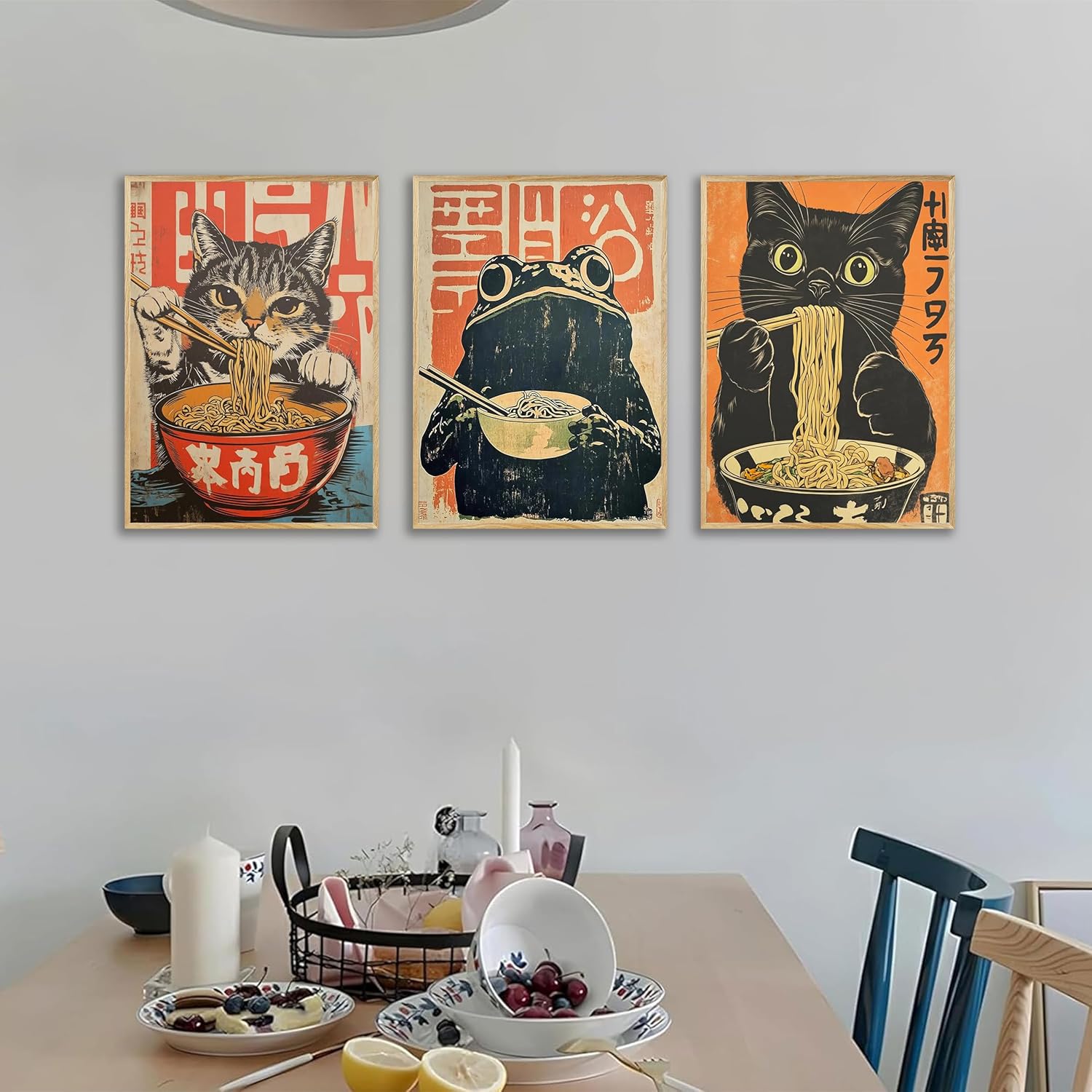 3Pcs Japanese Black Cat Eating Ramen Canvas Wall Art Funny Cats and Frog Painting Picture Wall Decor Vintage Cute Tokyo Kitchen Poster Print Artwork for Living Room Kitchen Dining Room Home Decoration