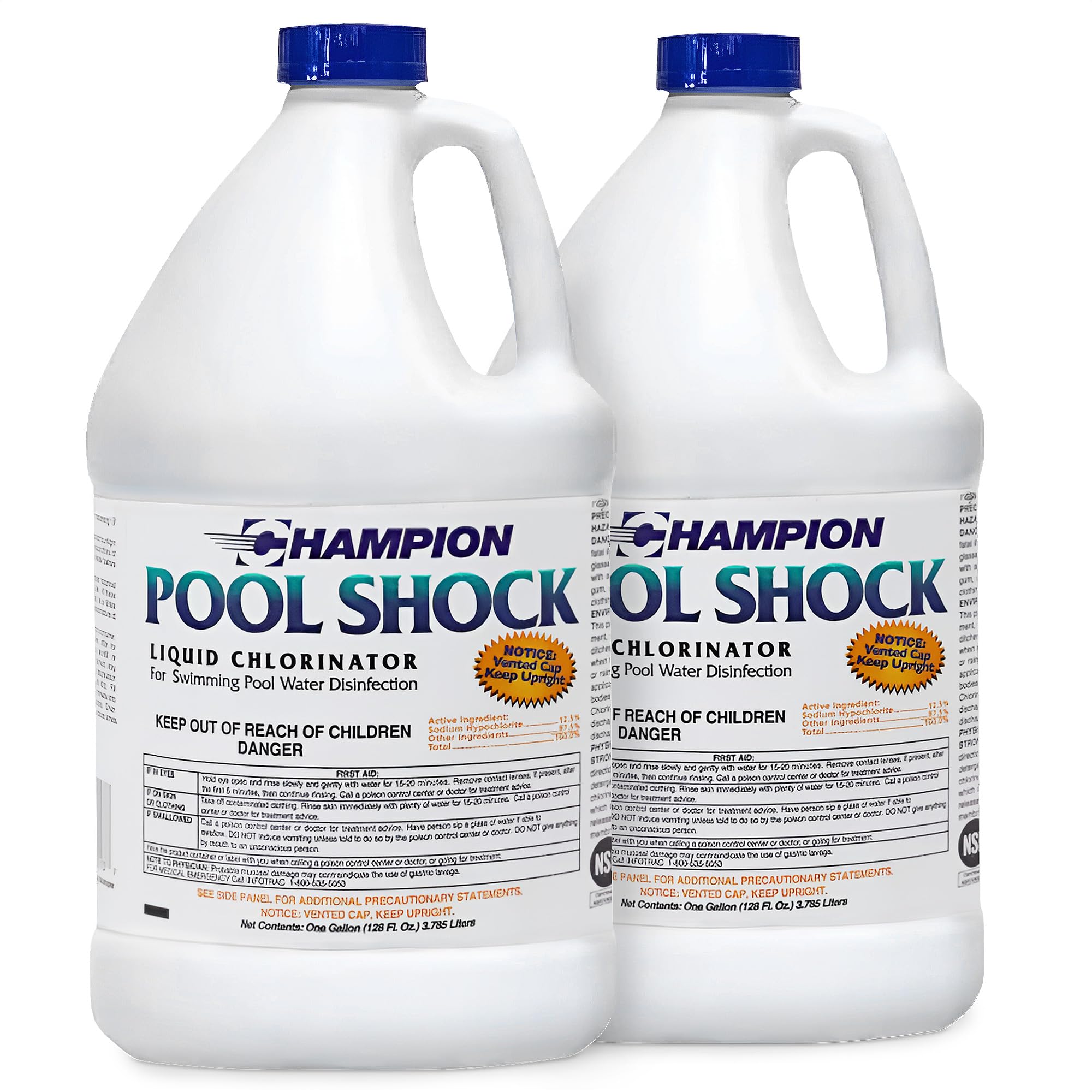 Champion 2-Pack Pool Shock, 12.5 Liquid Chlorinator for Swimming Pools, 1 Gallon Each - Fast-Acting Sodium Hypochlorite Sanitizer, Ready to Use, Non-Staining, Non-Scaling, Commercial Grade