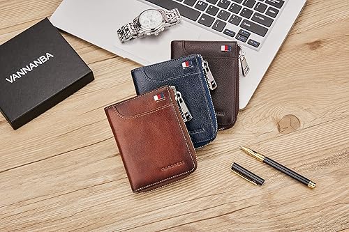 Miniatura 5 de VANNANBA Billetera de piel auténtica con cremallera para hombre, con bloqueo RFID, doble cremallera alrededor de billeteras con bolsillo para