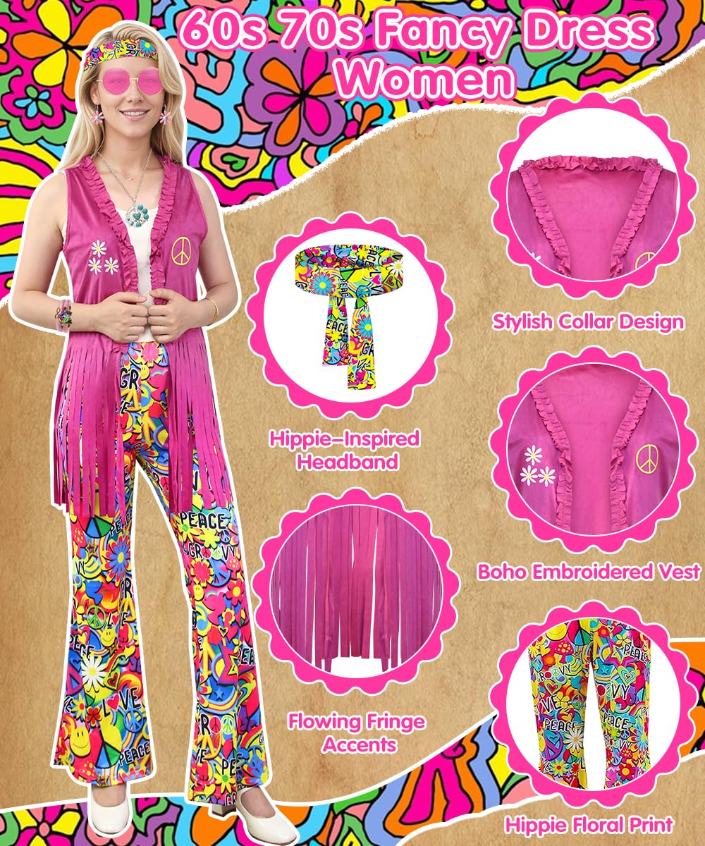 Hippie Kostüm Damen, 70er Jahre Outfit mit Hose, Weste, und Accessoires, Kostüms Damen Fasching, 60er 70er Jahre Kostüm Hippie Kleidung für Karneval, Cosplay und Partys