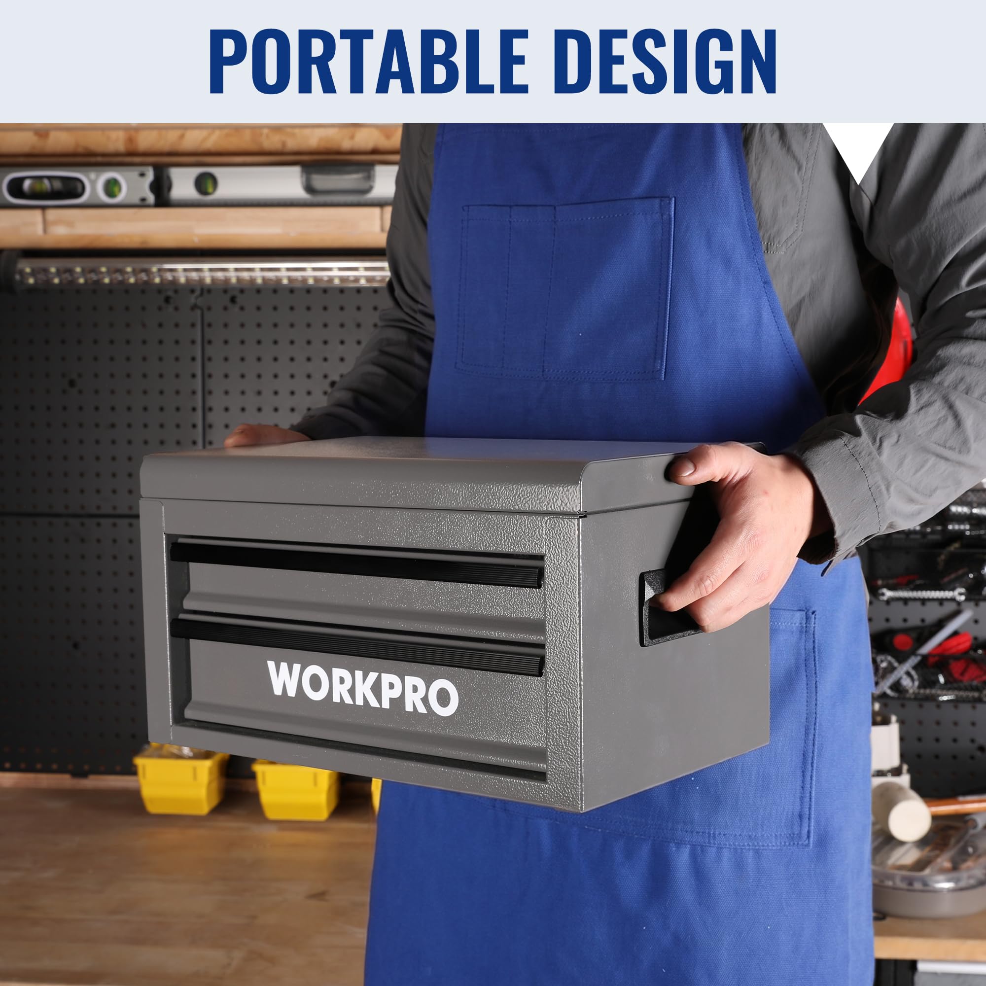 WORKPRO Caja de herramientas de metal de 15 pulgadas con 2 cajones y 1 almacenamiento superior, caja de herramientas portátil resistente con asa para garaje, oficina y hogar, capacidad de carga de