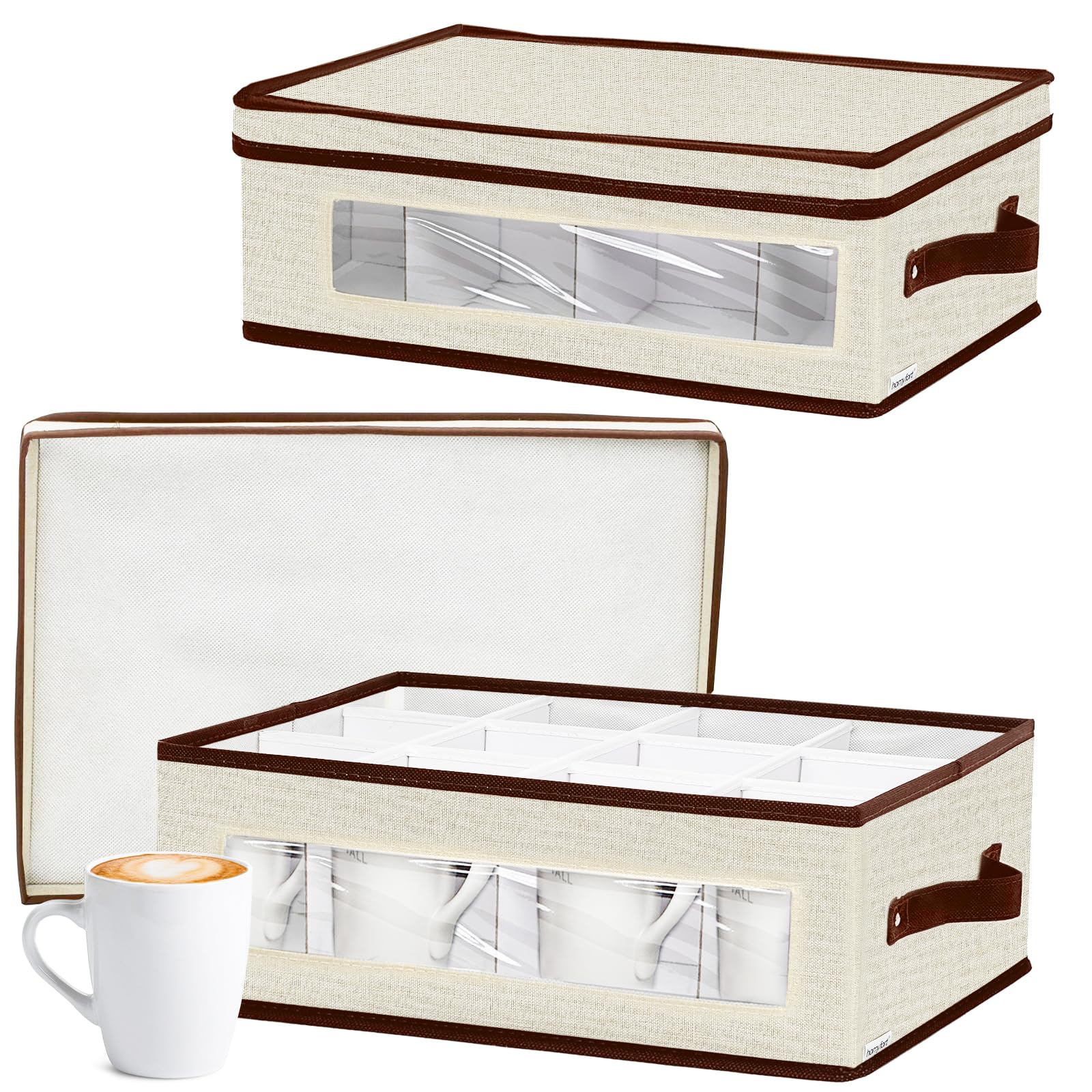 homyfort Lot de 2 boîtes de rangement pour tasses avec séparateurs, boîtes de rangement pour tasses en porcelaine à coque rigide avec compartiments pour 24 tasses à thé et tasses à café (beige)