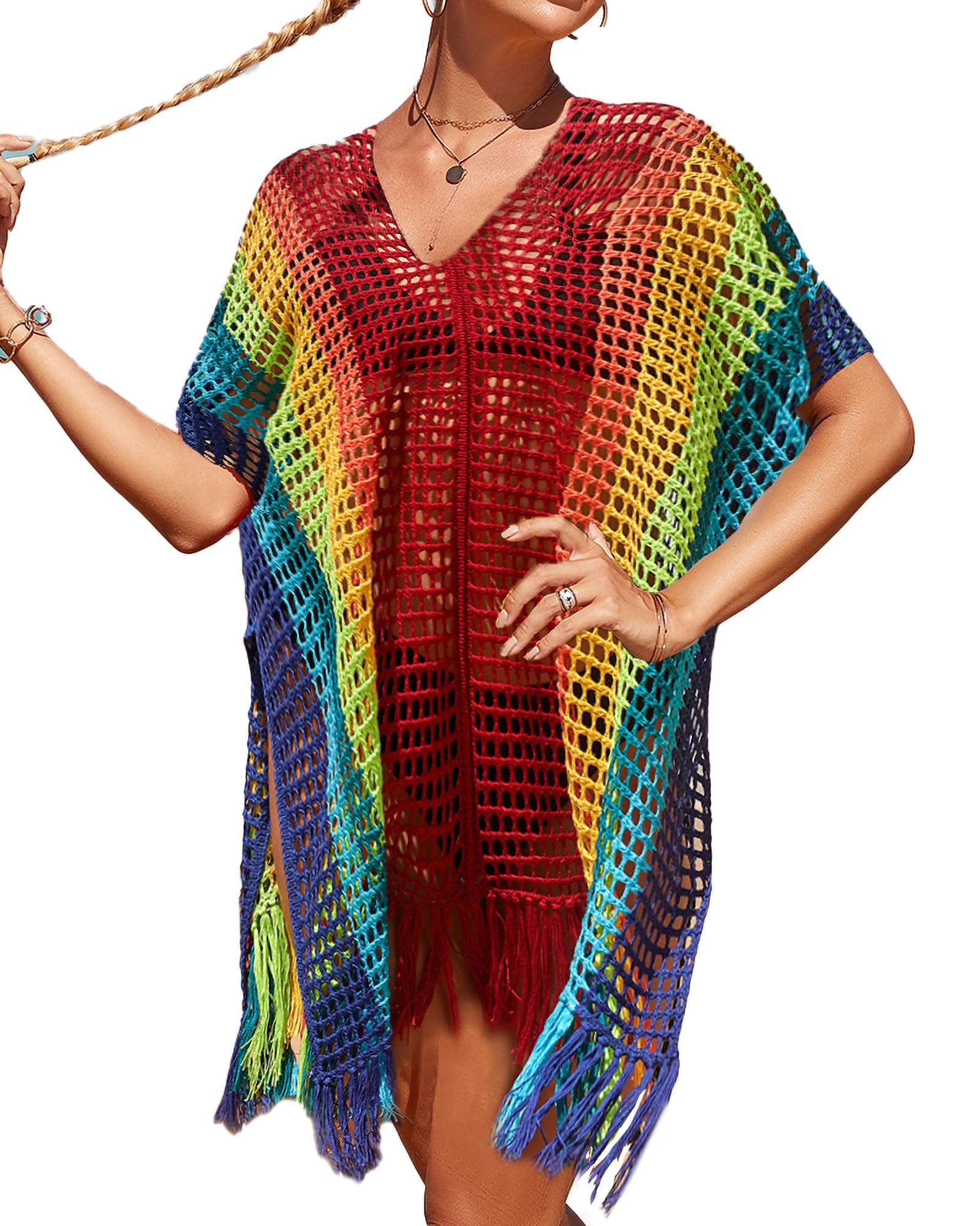 Rainbow Tassel Crochet Cover Ups Swimwear Beach Bikini Knitted Dresses Swimsuit Swim Coverups