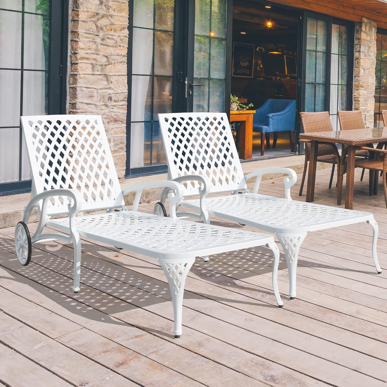 Chaise Lounges Outdoor - Lounge Chairs for Outside Pool Tanning Chair Adjustable Patio Reclining Cast Aluminum for Beach Yard, White