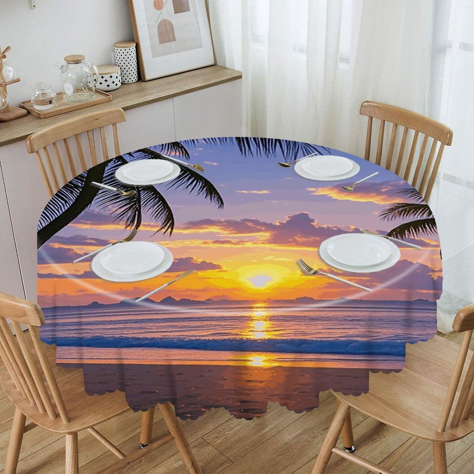 VstaDank Palm Tree Sunset Round Tablecloth Wipeable Round Polyester Tablecloth Waterproof Wrinkle Free Indoor and Outdoor Table Cover 60 Inch Decorative Farmhouse Table Cloth for Dining