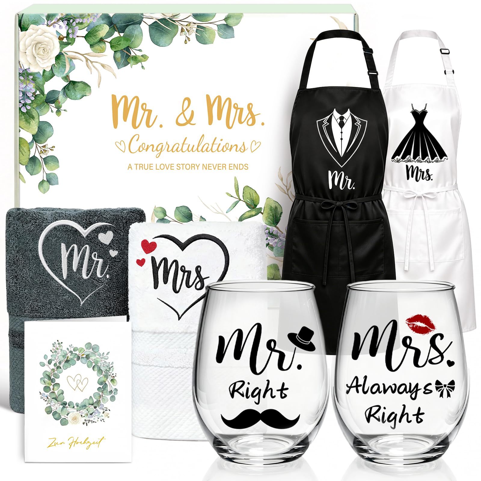MOTONG Hochzeitsgeschenke für Brautpaar, 7 in 1 Geschenk Hochzeit Mr Mrs Personalisierte Gläser Schürze Handtuch und Karte, Hochzeitstag Verlobungsgeschenk Paar Geschenke Pärchen Jahrestag Geschenk