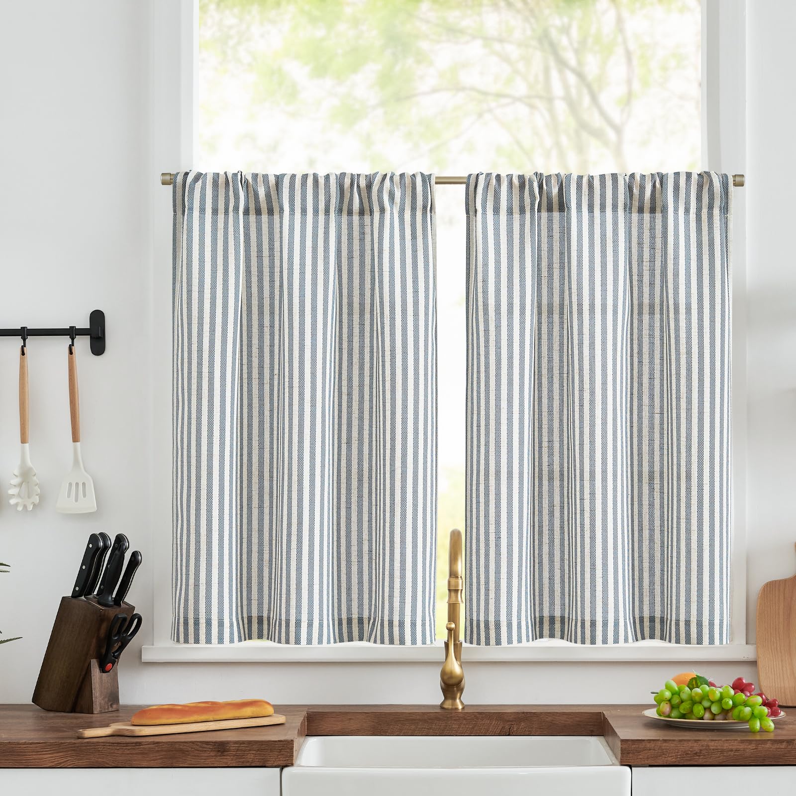 TOPICK Blue Striped Linen Look Kitchen Curtains 30 Inch Drop, Light Filtering Pinstripe Cafe Curtains