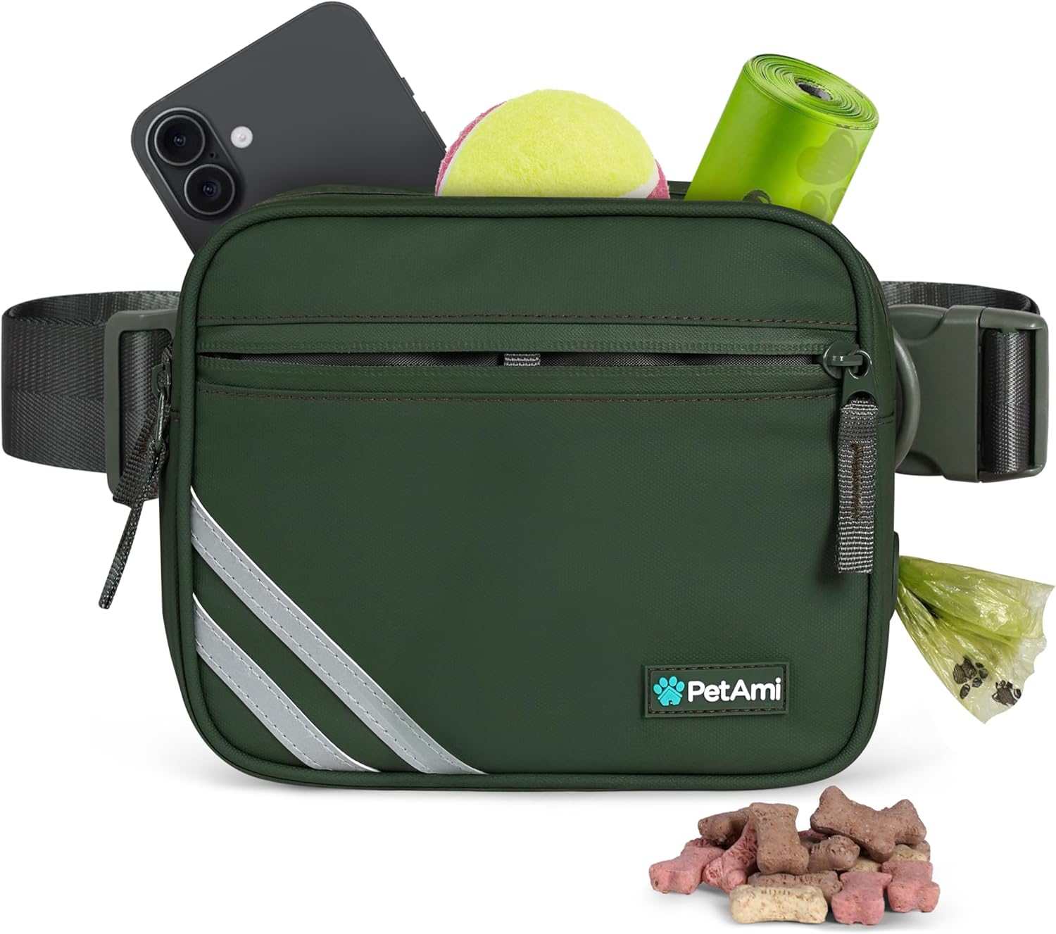 PetAmi Dog Treat Pouch for Walking, Training & Jogging, Hands-Free Dog Walking Bag with Adjustable Crossbody or Waist Strap, Poop Bag Dispenser, Zippered Pockets, Olive