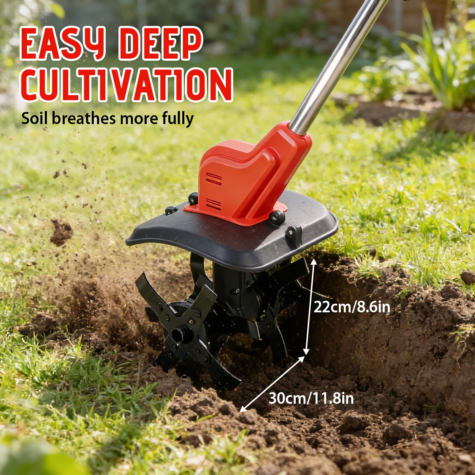 Motoazada Eléctrica Compatible con Makita 21V Batería, Motoazada Eléctrica para jardín y césped con 22 cm de Profundidad de Trabajo, 30 cm de Ancho de Trabajo (Batería no incluida)