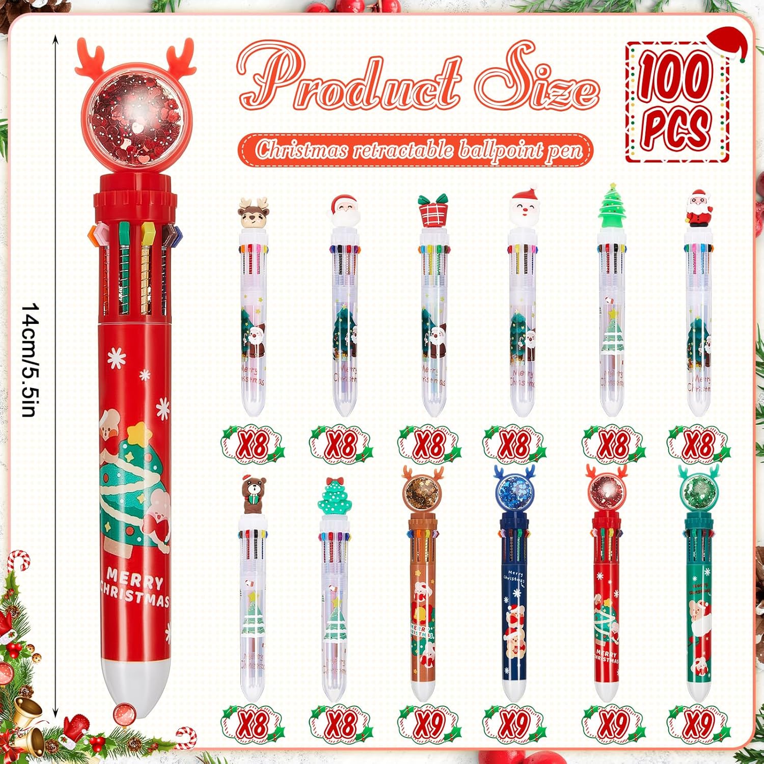 Kosiz 100 Pcs Christmas Multicolor Ballpoint Pens, 10 in 1 Santa Claus Reindeer Xmas Tree Retractable Pens 0.7 mm for Office Christmas Prize Gift Goodie Bag Stuffers Xmas Party Favor