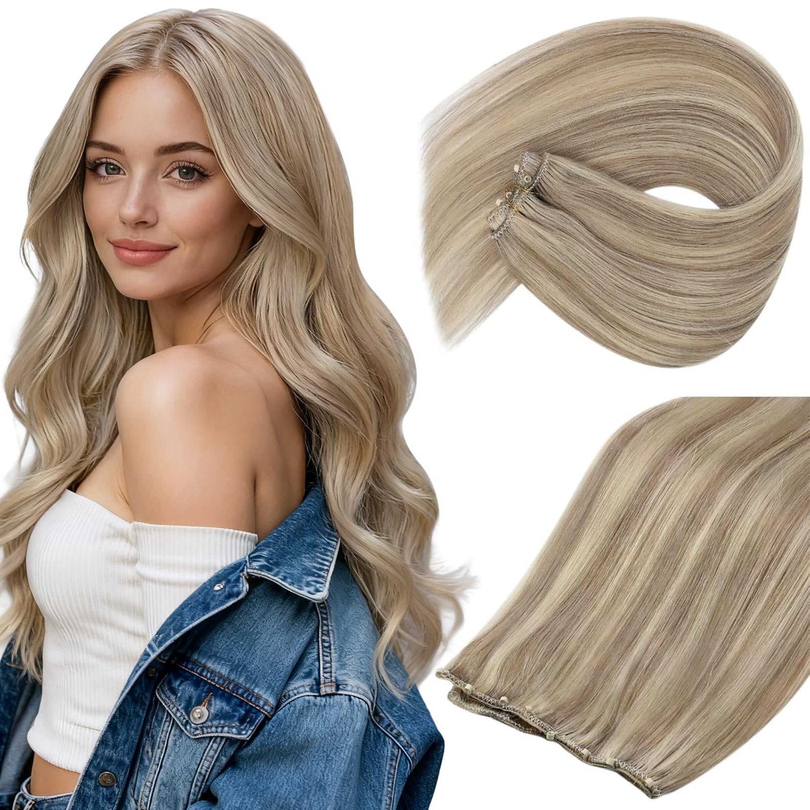 Sunny Hair Beaded Weft Hair Extensions Human Hair 22inch Golden Blonde Micro Bead Weft Hair Extensions with Light Blonde Highlights Pre Beaded Wefts