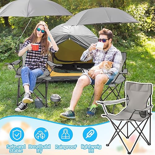 Miniatura 6 de Juego de 2 sillas de campamento plegables con paraguas, para adultos, asiento plegable de pícnic, asiento de césped plegable para exteriores, pesca,