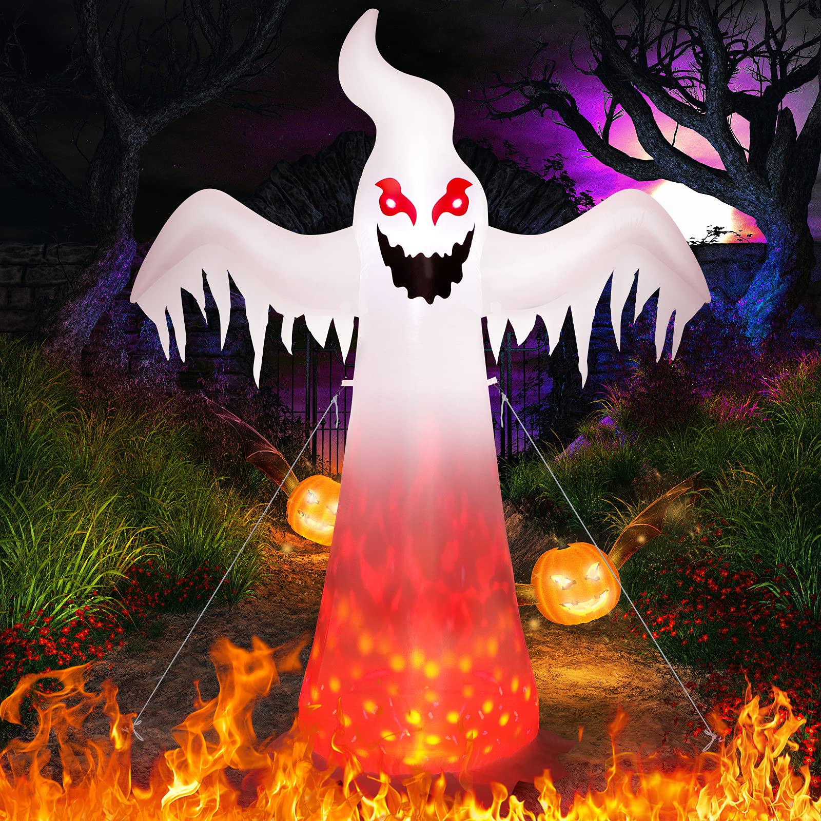 HAUEA Halloween Inflatables Red Eyes Ghost, 8FT Blow Up White Ghost Holiday Decor with Built-in Flaming LED Lights, Outdoor Halloween Inflatables Party Decor for Yard Garden