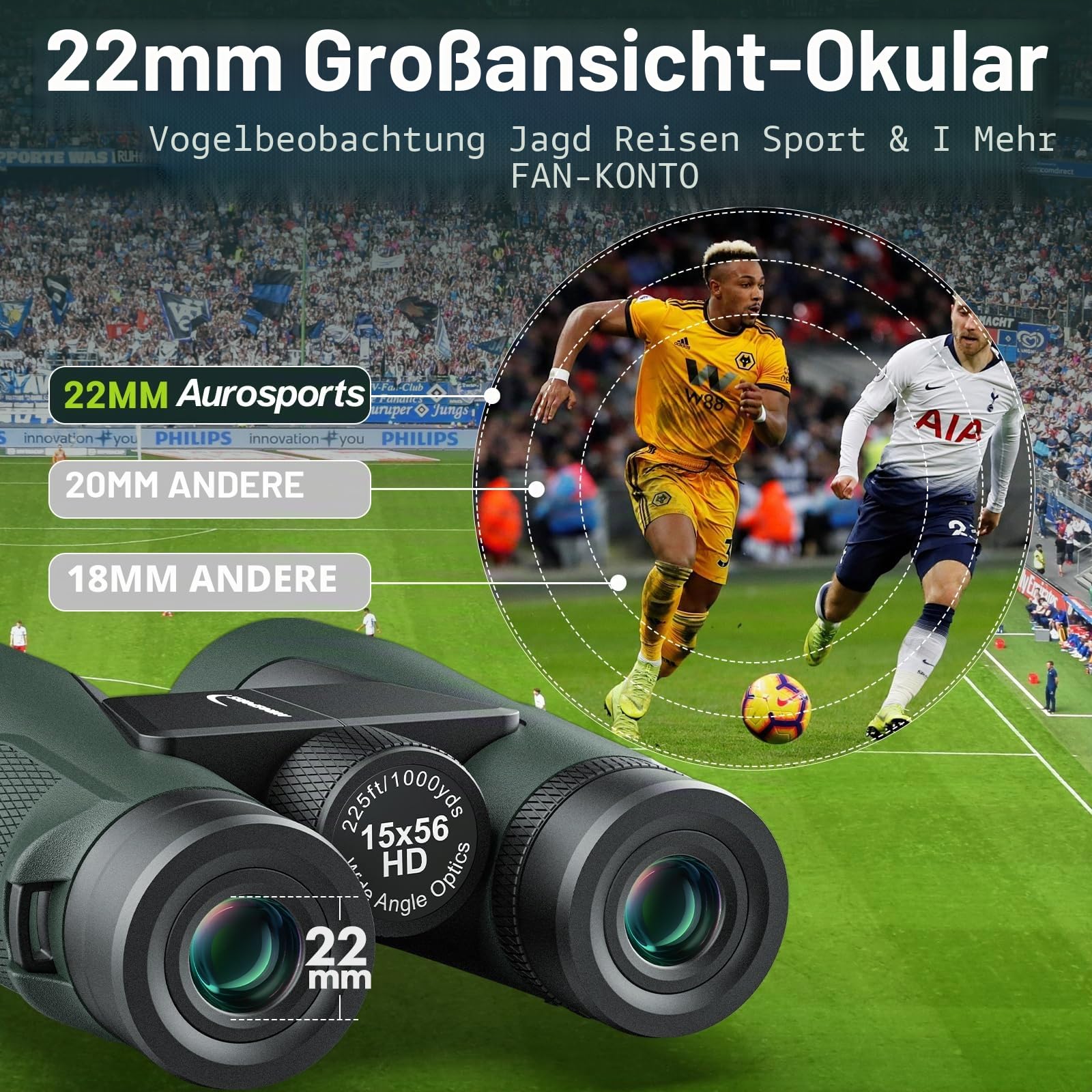 Aurosports 15x56 Fernglas für Erwachsene - HD Fernglas für Vogelbeobachtung Large View mit BAK4-Prisma klaren Low Light Vision - Easy Focus Leichtes Ferngläser für Jagd Wandern Kreuzfahrt Reisen（Grün）