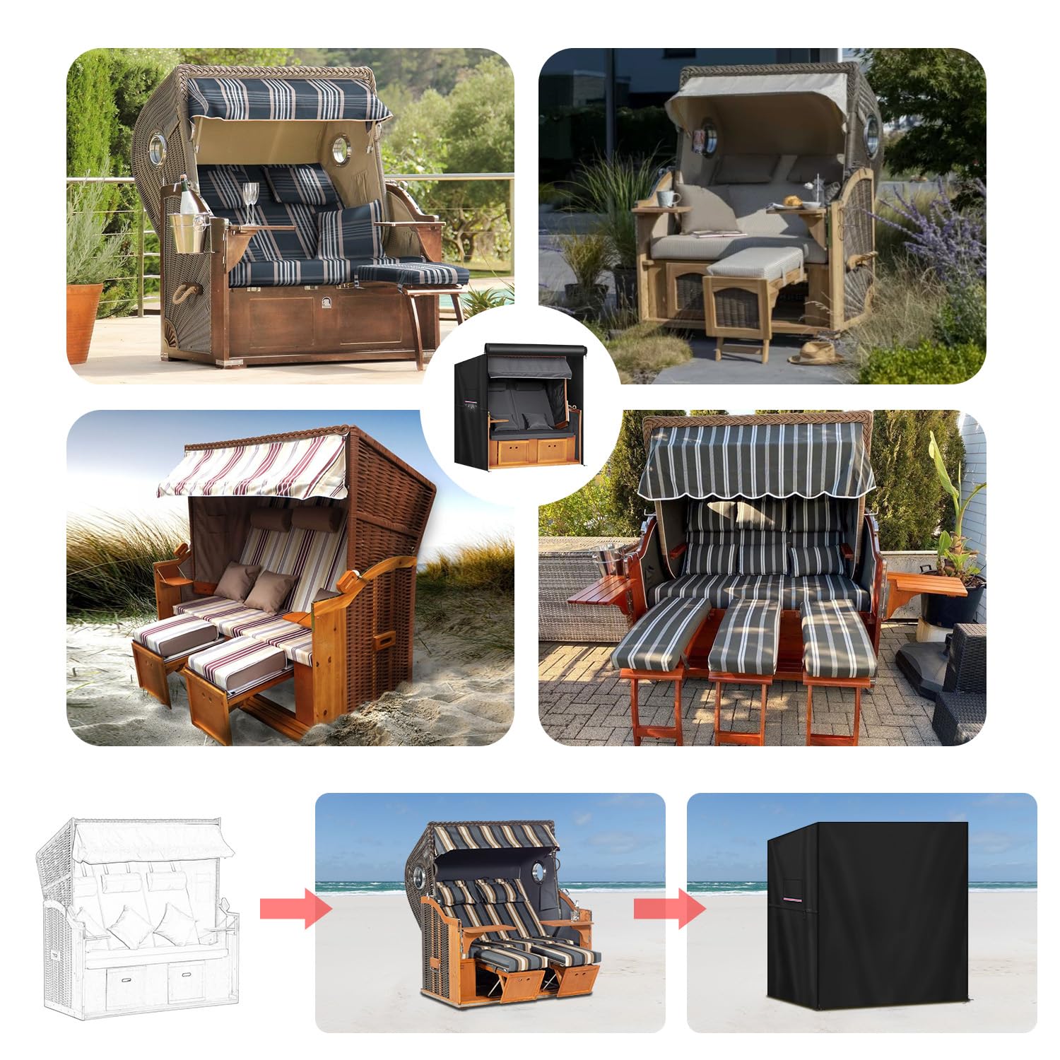 LAMUNI Strandkorb Abdeckplane Winterfest Strandkorb Hülle XL Schutzhülle für Strandkorb 2-3 Sitzer Wasserdicht Abdeckhauben für Strandkörbe 420D Oxford Strandkorbabdeckung, 155x95x165/145cm
