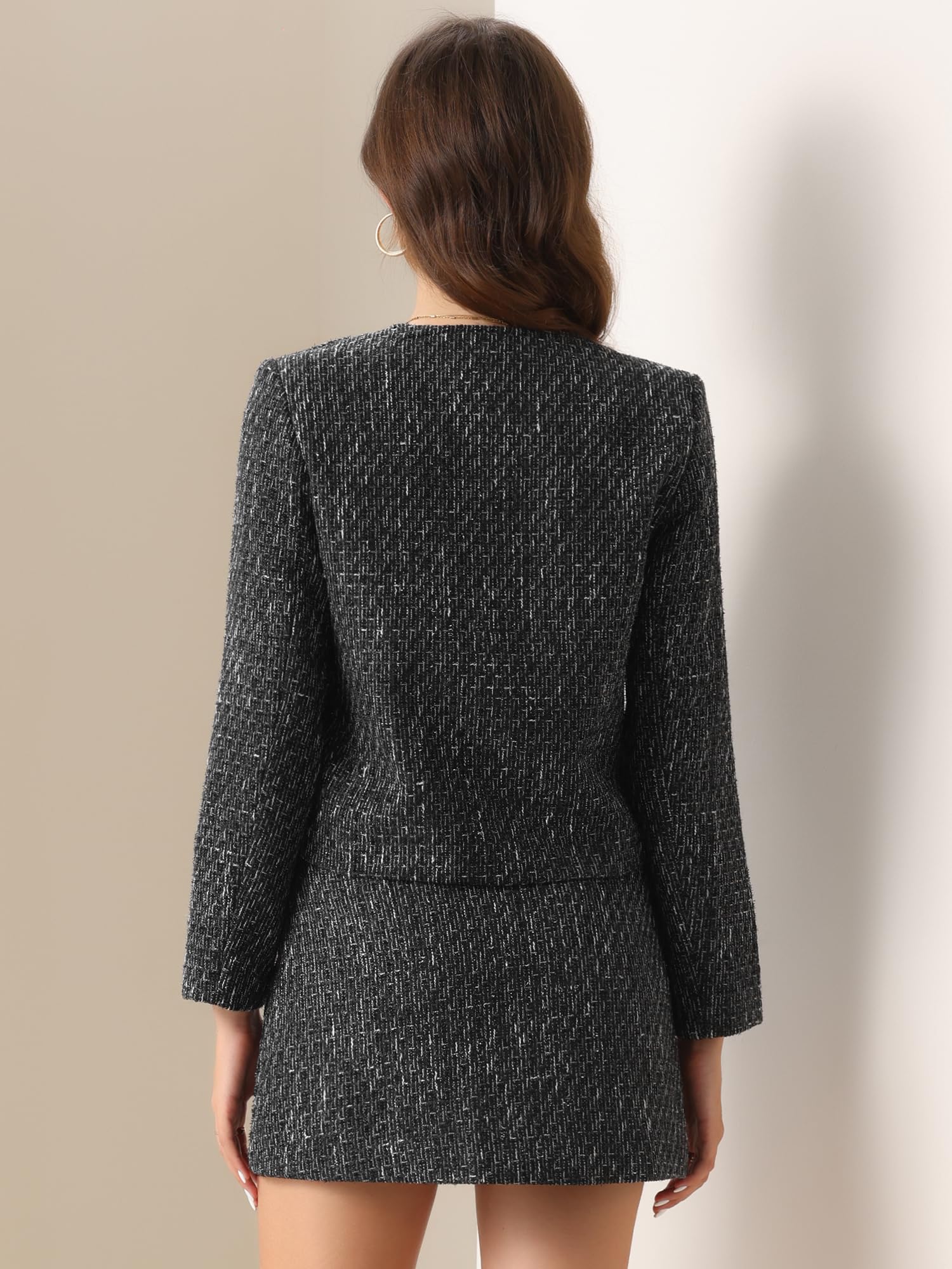 Allegra K Tailleur Donna Eleganti in Tweed da Lavoro Set Gonna e Blazer Senza Colletto in 2 Pezzi da Ufficio