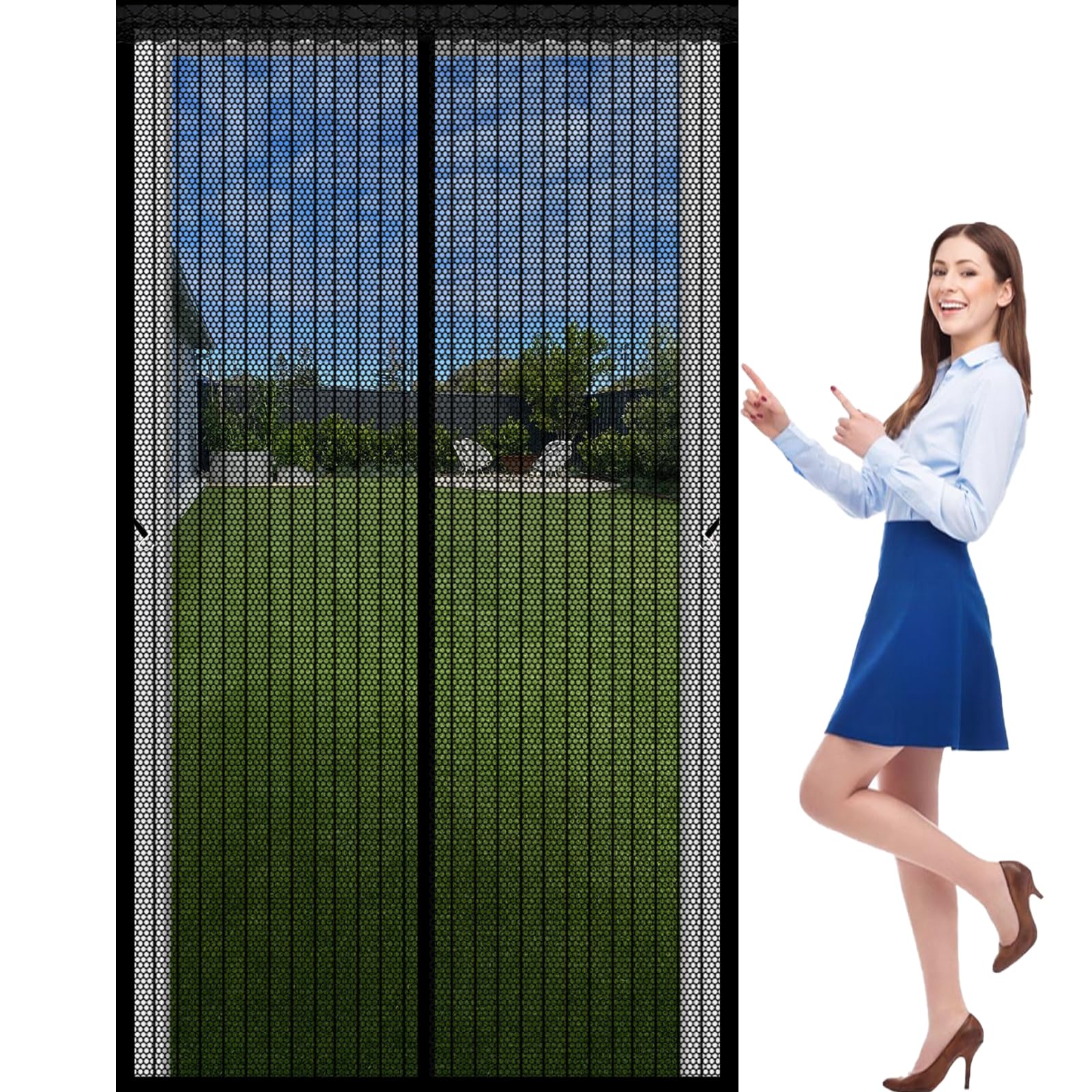 Door Fly Screen 134 x 225 cm with Powerful Magnets and Full Frame Hook&Loop, No Gap, Keep Bugs Out Lets Fresh Air in, Fly Door Net Curtains, Screen Mesh Magnetic Kid and Pet Friendly, Black