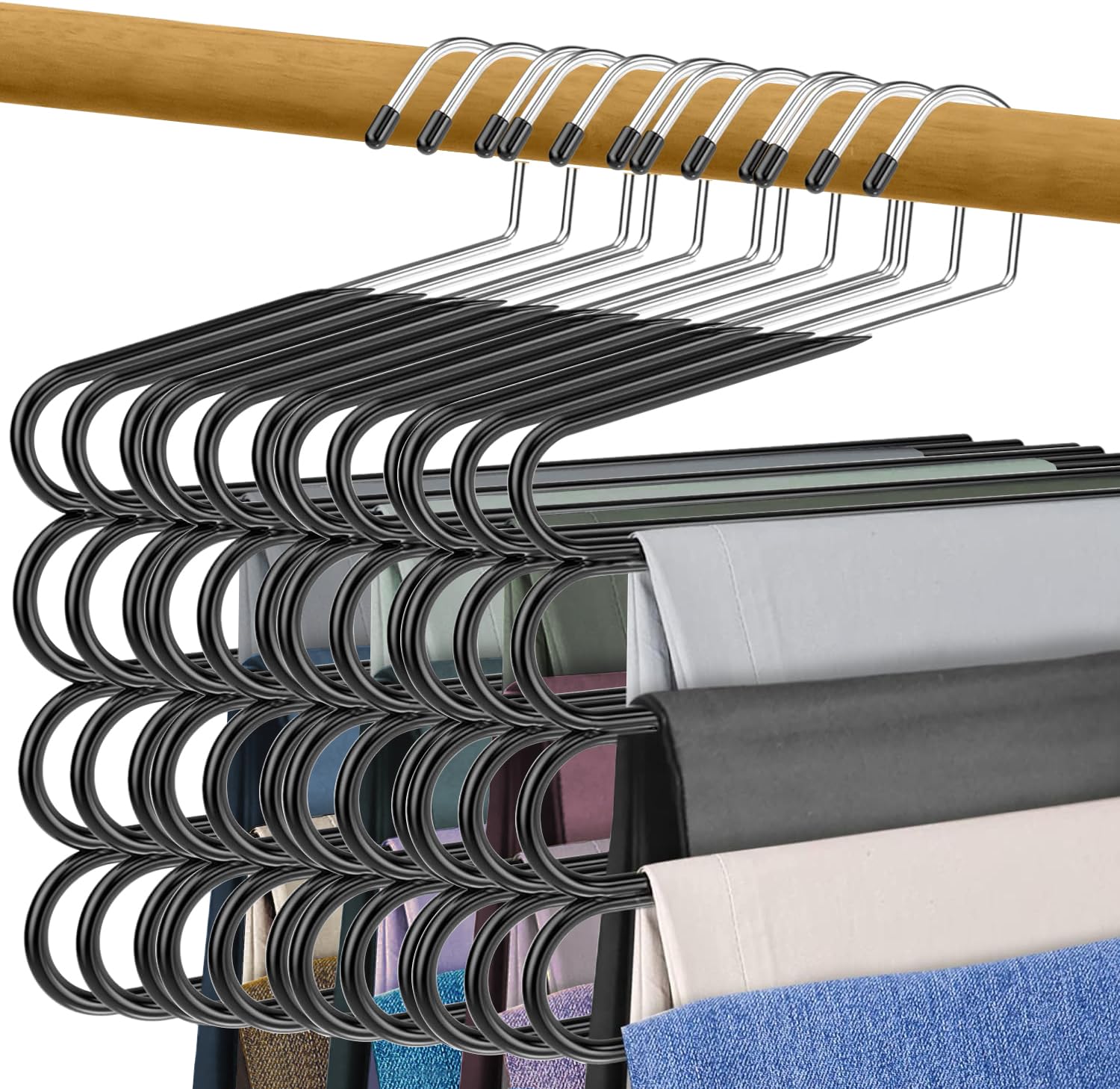 Set of 12 Space-Saving Multi-Pant Hangers – 4-Tier Metal Non-Slip Hangers for Pants, Jeans, and Skirts Organizer