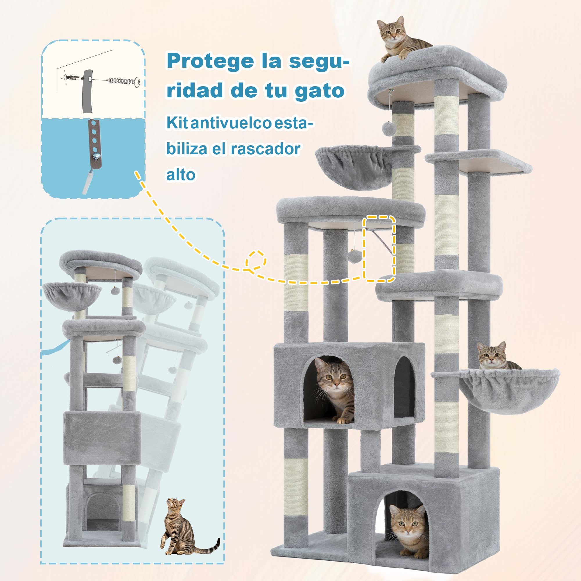 Hey‑brother Rascador para Gatos,con 3 Plataformas Grandes, 2 Cueva, MPJ084W | 171cm Árbol para Gatos Multi-Nivel, 2 Cestas Suaves, 2 Pelota de peluche, para Maine Coon de Interior, Gris Claro
