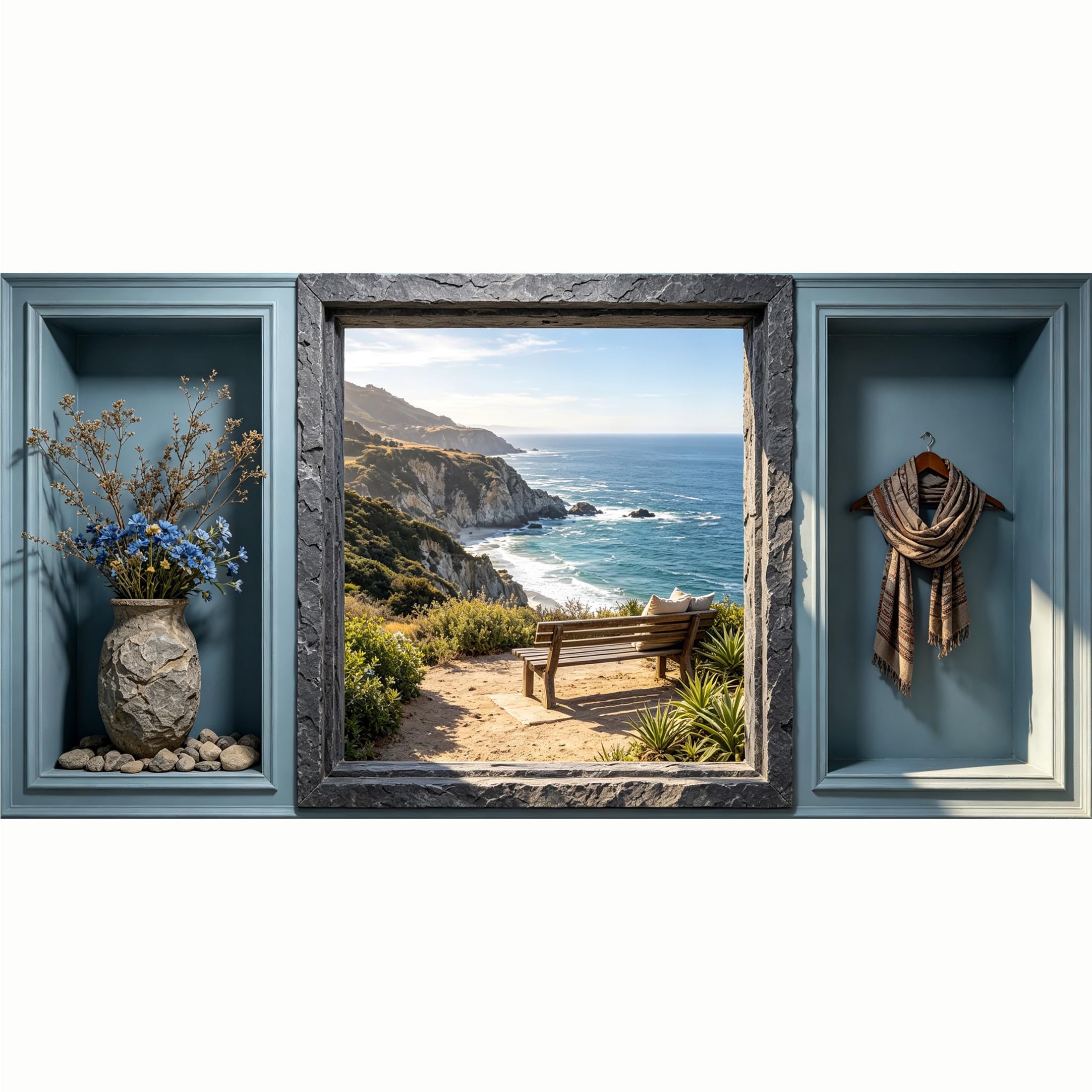 QZLITHOTIC 50x100cm 3D Framed Wall Art， Coastal Ocean View Cliff Bench Window Trompe l'oeil SelfAdhesive Mural， WaterActivated Peel & Stick Fabric Decor Wall Decal for Bedroom Living Room