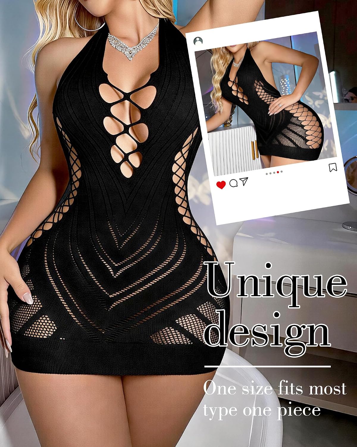 Fishnet Nipplesuit for Women - Elastic Fish Net Lingerie, Gradient Mesh Dress for Clubwear Rave Outfit