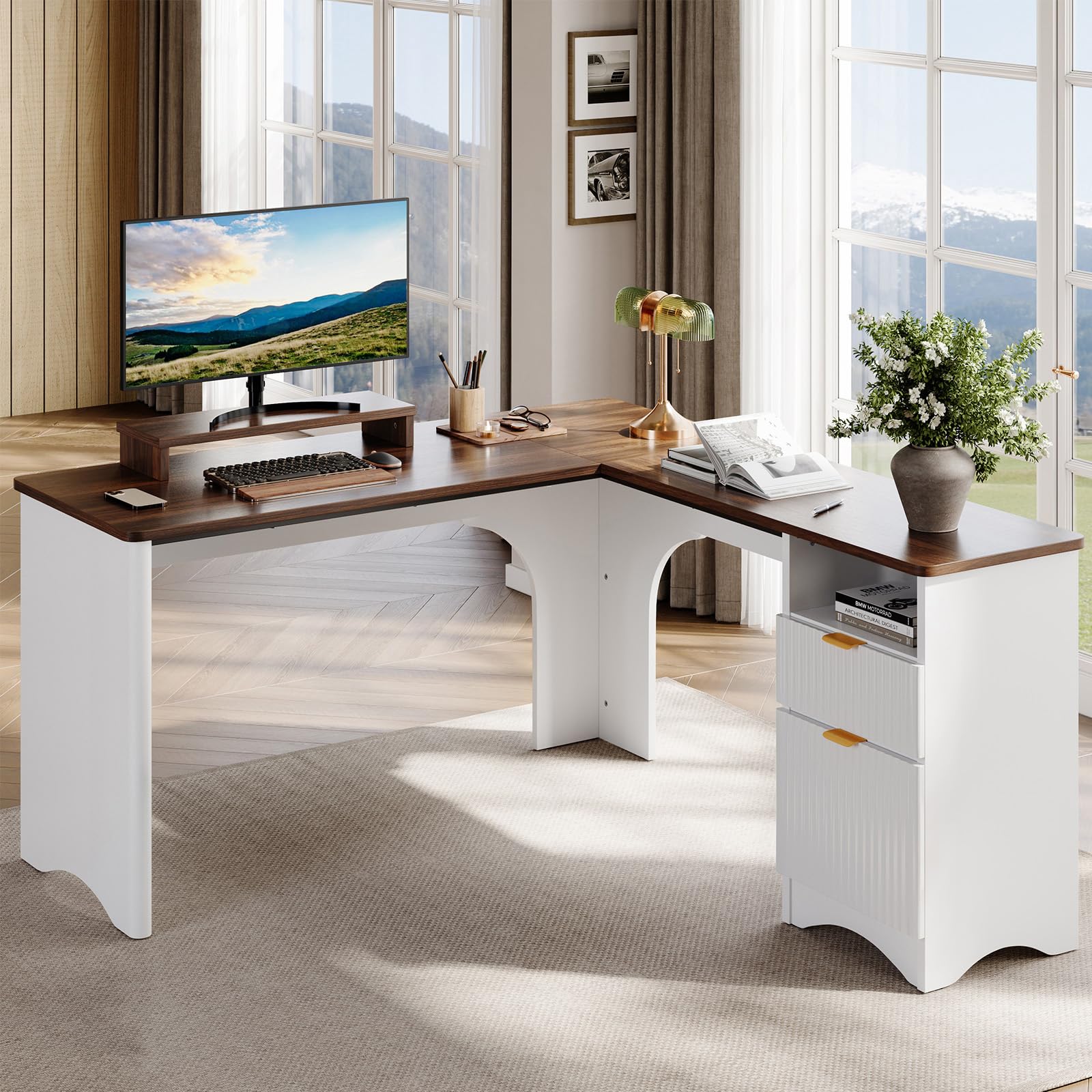 Bestier L Shaped Desk with File Drawer, 55.7" x 55" Office Computer Desk with Round Corners, Modern Desk with Monitor Stand & Fluted Panels for Home Office, White & Walnut