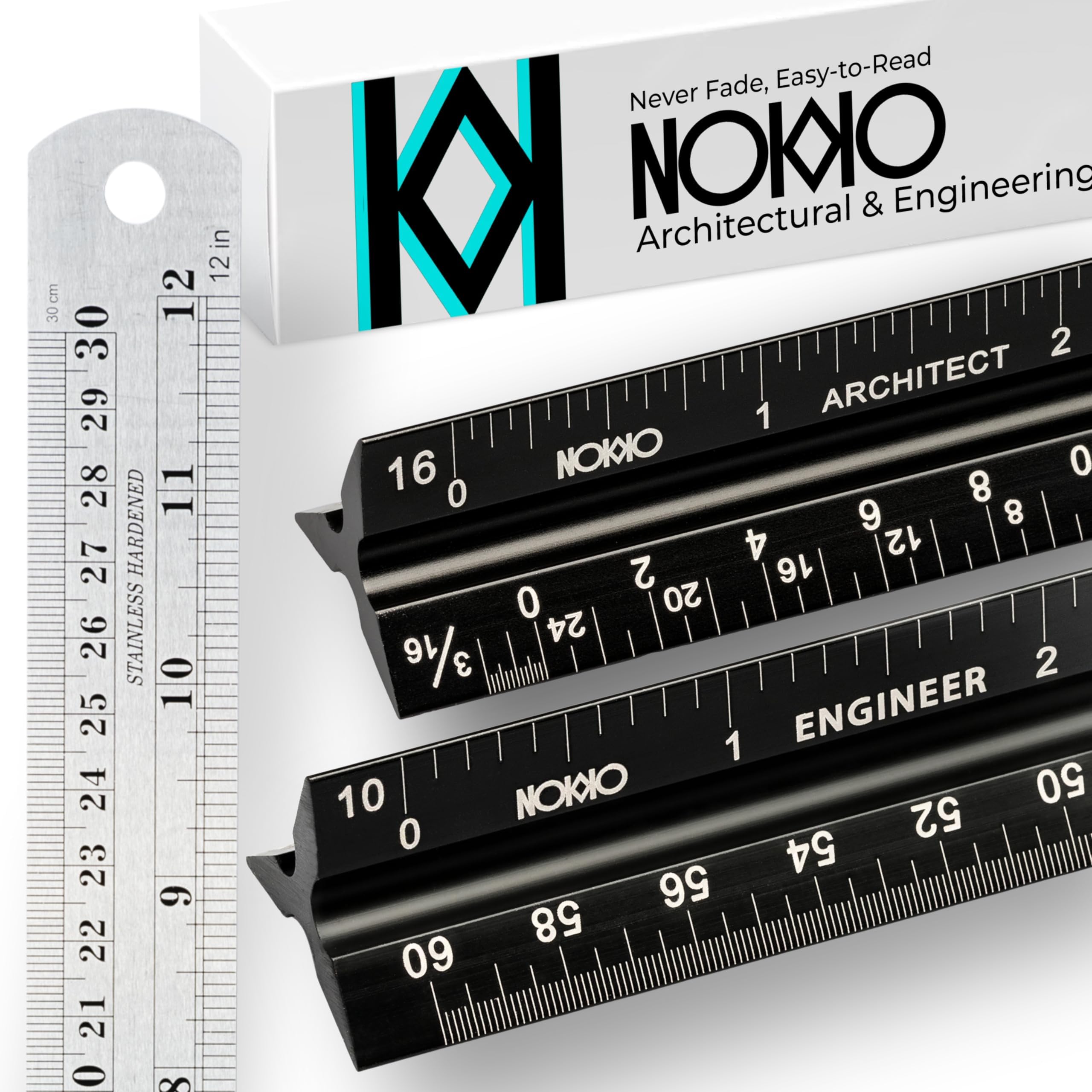 NOKKO Architectural Scale Ruler Set with Engineer Scale and Metal Ruler, 12 Inch Aluminum Drafting Rulers for Blueprints, Engineering Drawings and Floor Plans