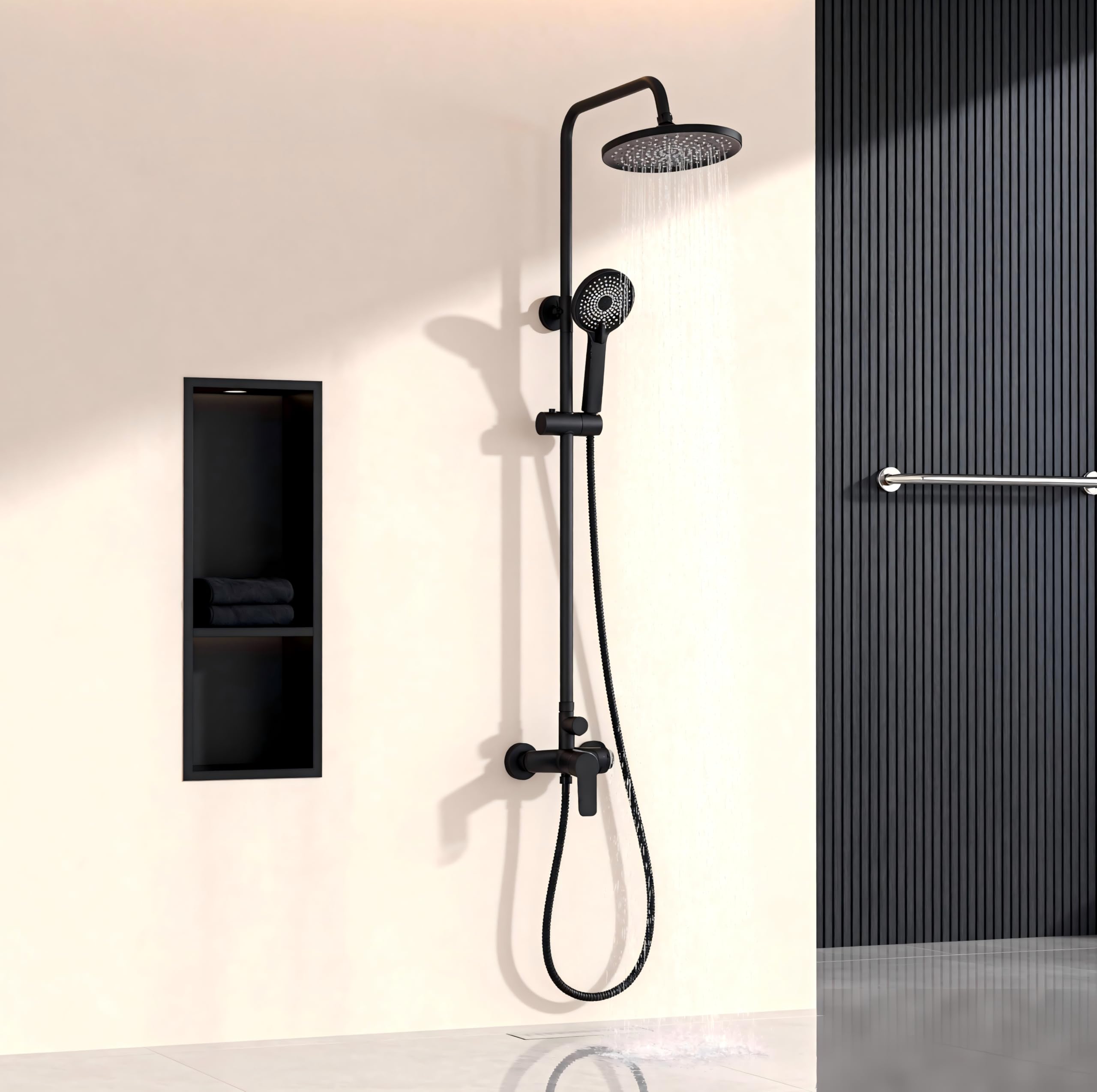 Columna de Ducha Mecánica STANEW con Cabezal Redondo y Manguito ABS de 3 Chorros, Columna de Ducha Para Baño, Negro (Mecánica)