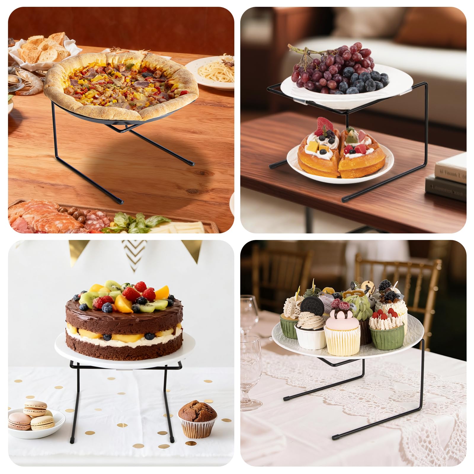 PUERSI Soportes para Pizza, Pack de 4, Estante de Exhibición Metálico Negro con Almohadillas Antideslizantes, para Bandejas de Pizza y Moldes de Pastel, Perfecto para Fiestas y Bodas