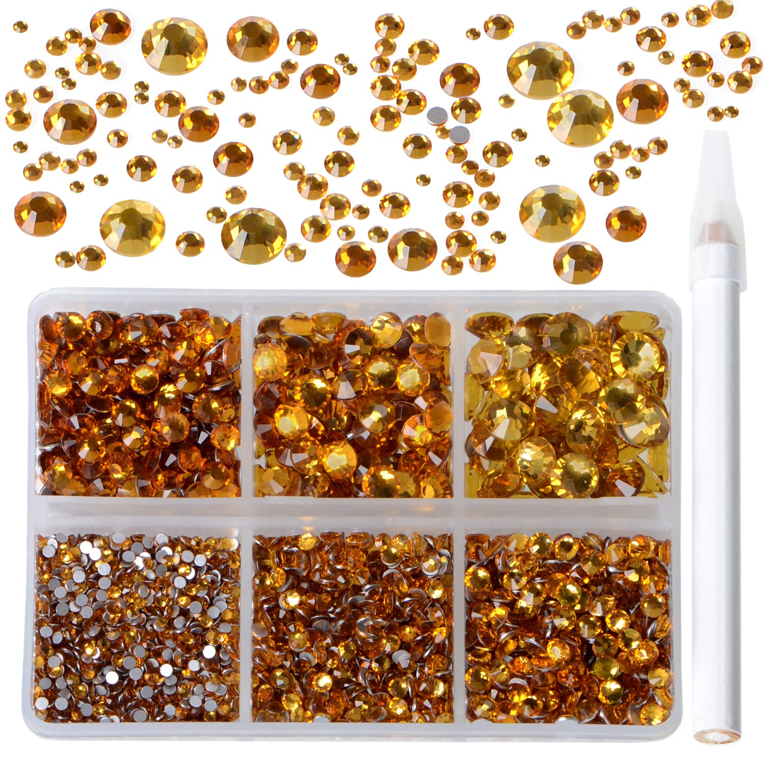Bymitel 5000 Pieces 6 Mixed Sizes Glue Fix on Glass Rhinestones Round Crystal Gems Flatback for DIY Jewelry Making with one Picking Pen (6-Sizes 5000PCS, Topaz)