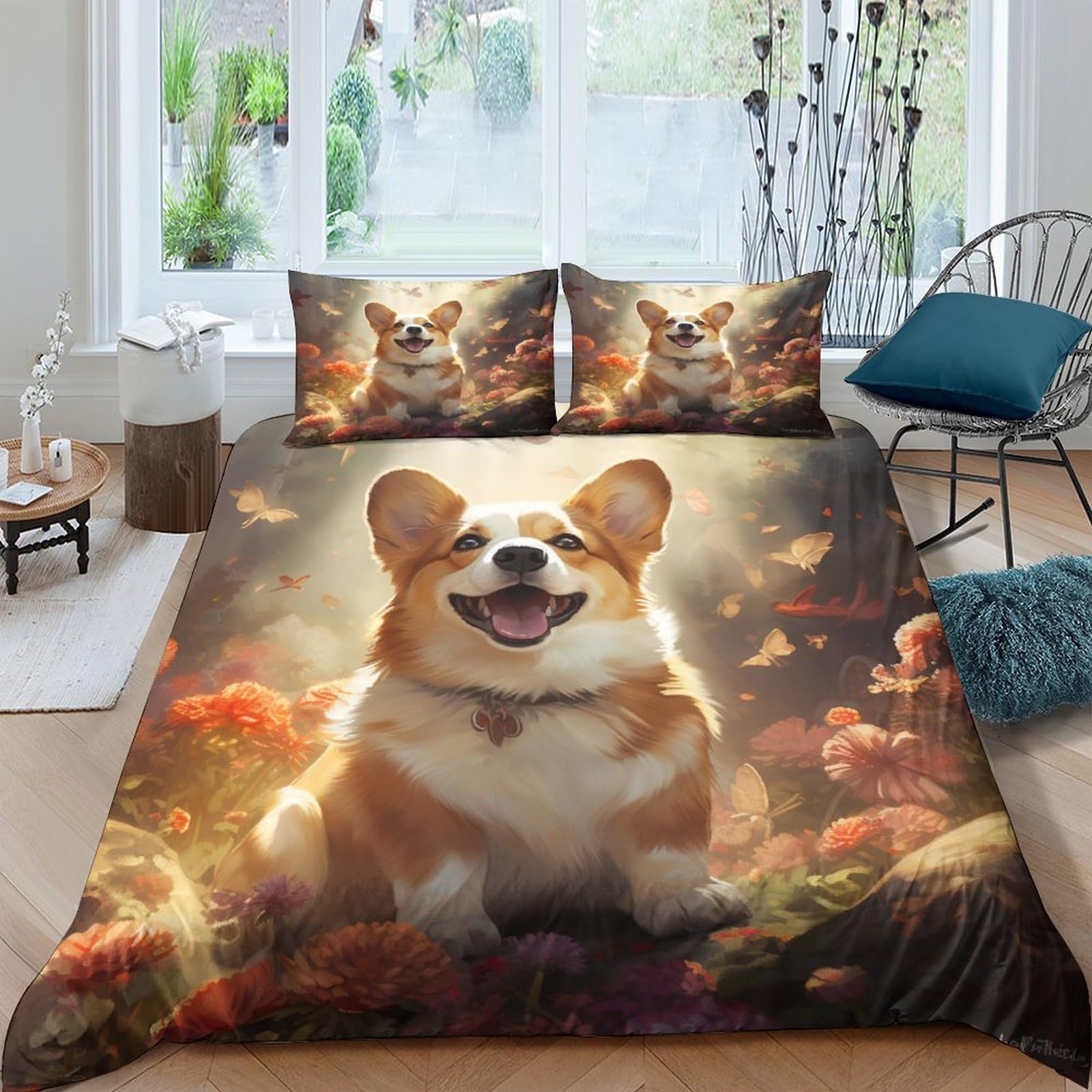 Parure de lit 3 pièces Corgi housse de couette 220x240 et taies microfibre