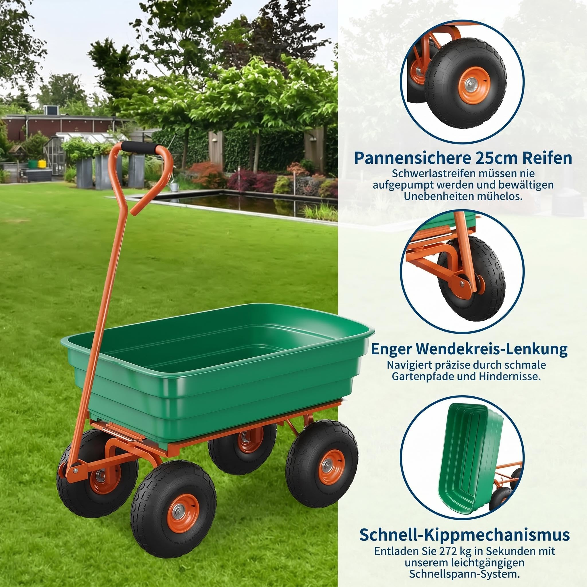 Garvee Gartenwagen, 104 x 58 x 105 cm, grün | Rostfestes Polyethylen, 272 KG Tragfähigkeit, Transportwagen für Garten, Hof und Lager