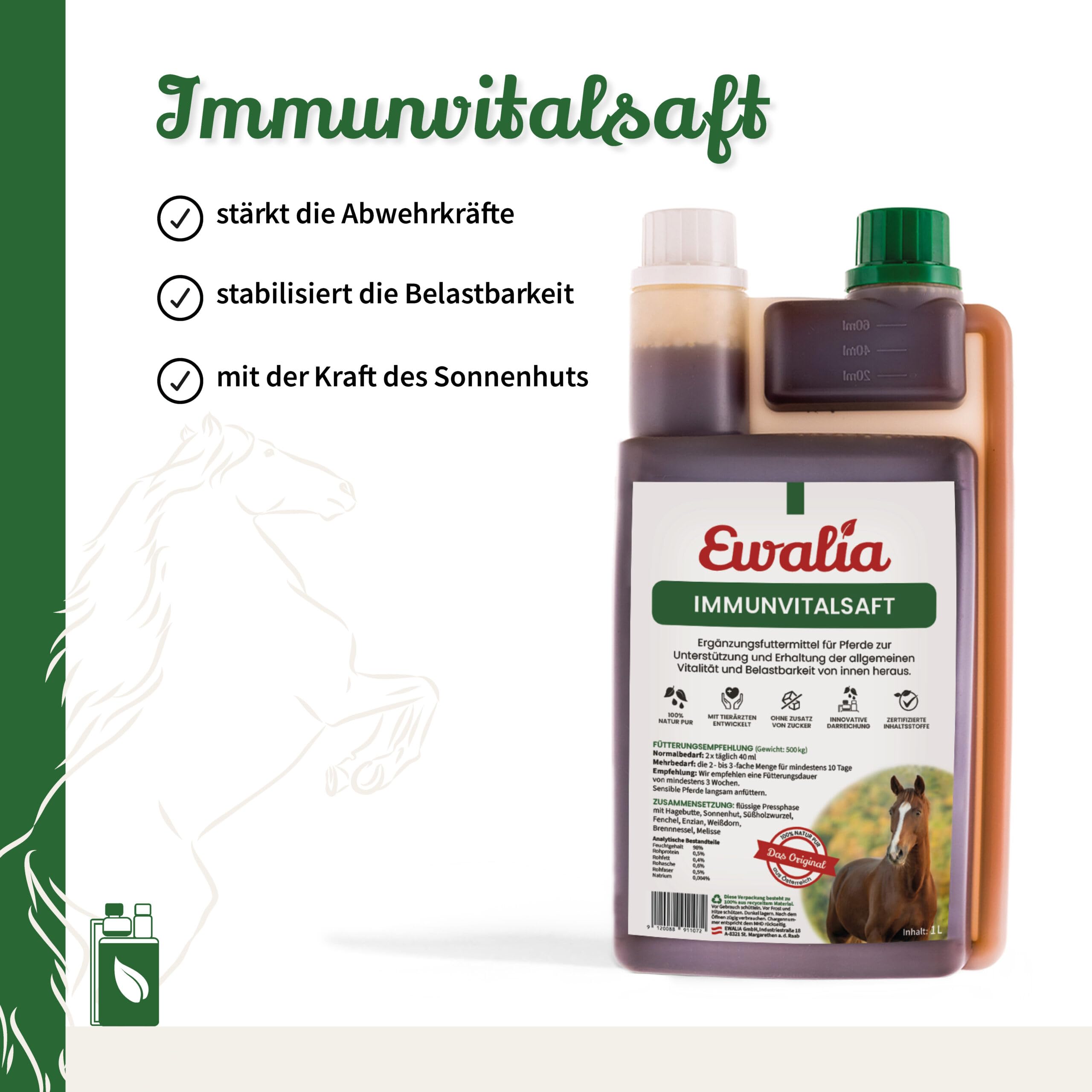 NEU! EWALIA Immunvitalsaft - Stärkendes Ergänzungsfuttermittel für Pferde, Förderung des allgemeinen Wohlbefindens, Natürliche Vitalitäts- und Resilienzunterstützung, 100% Natur pur, 1 Liter