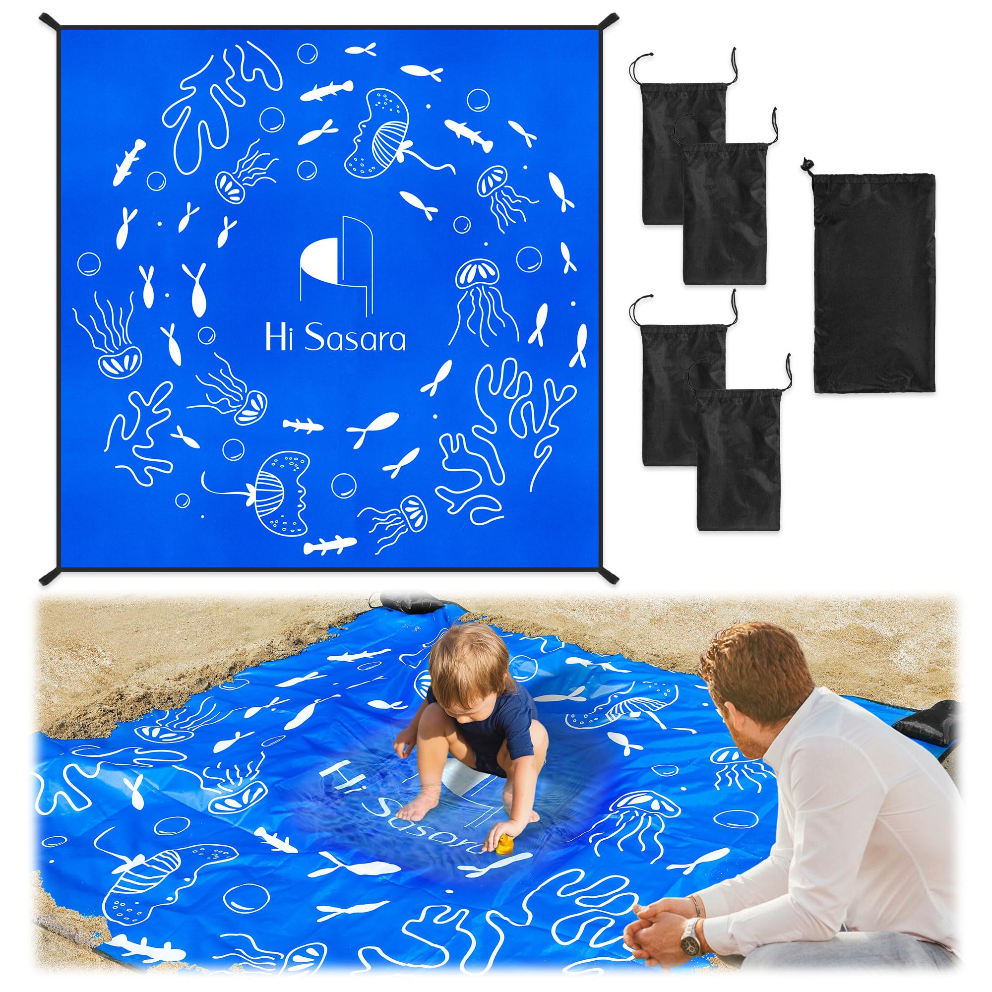 Hi Sasara 6.56 X 6.56 ft Beach Puddle Pool,Blue Ocean Pattern Baby Beach Portable Pool for Kids Boys and Girls (Blue)