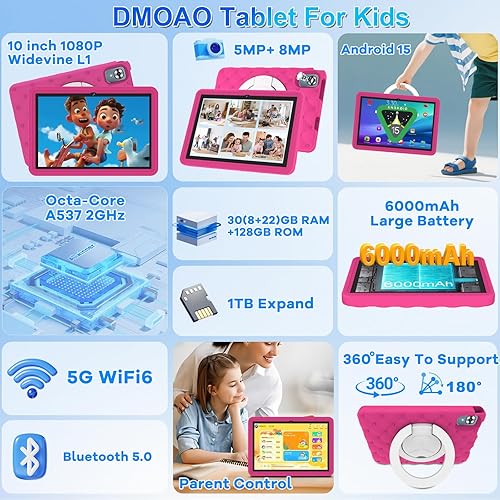 Miniatura 2 de DMOAO Tableta para Niños de 10.1 Pulgadas Android 15-30GB RAM+64GB ROM (1TB Expandible), Octa-Core 2.0GHz, Pantalla Anti-Luz Azul, 6000mAh, WiFi 6,