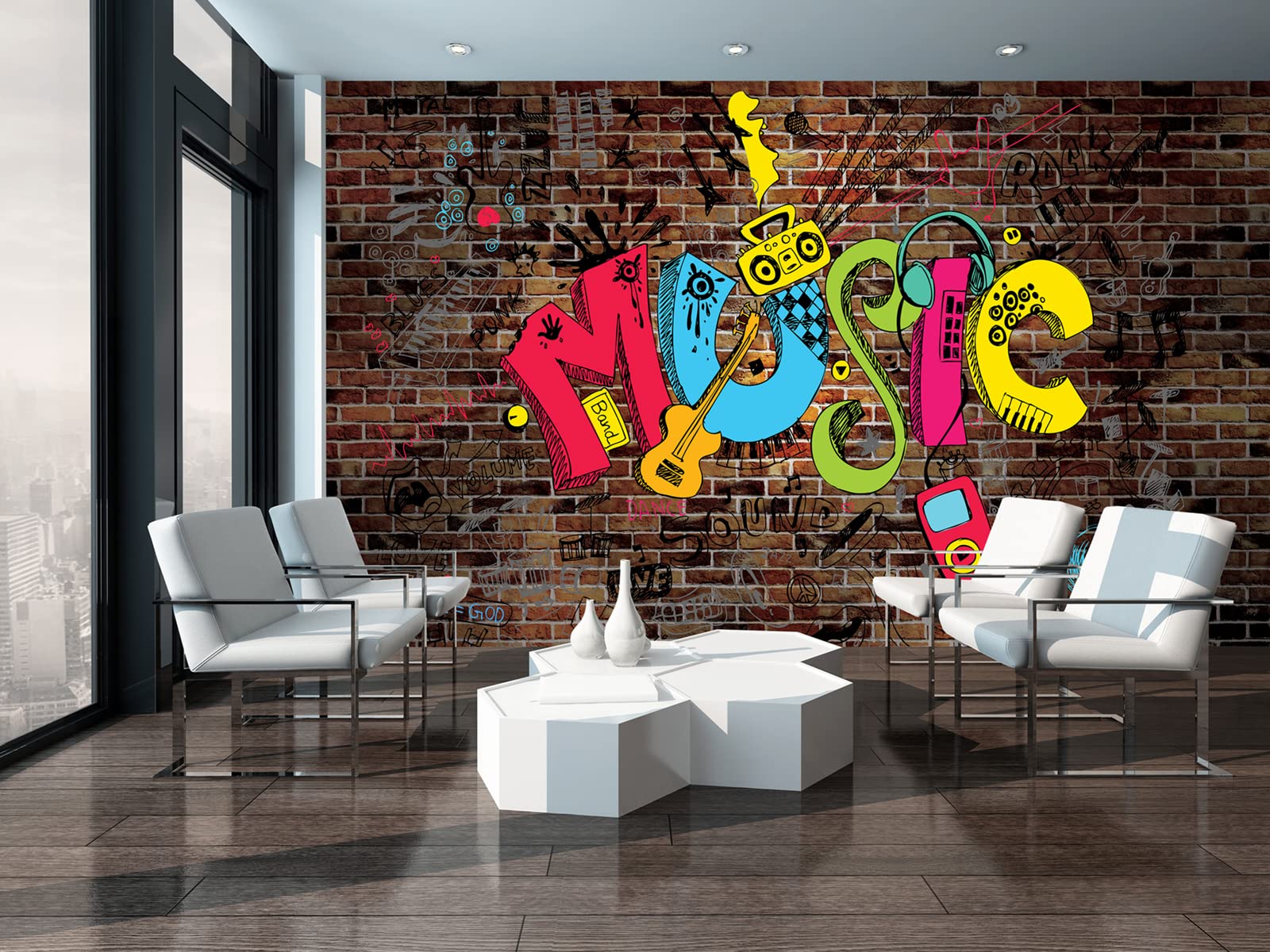 Papel Pintado Infantil Graffiti Juventud Música Muro Ladrillos - Incluye Pegamento - Fotomurales Pared Tejido No Tejido Decorativos Murales Fotográfico XXL Moderno Decoración de Paredes (254x184 cm)