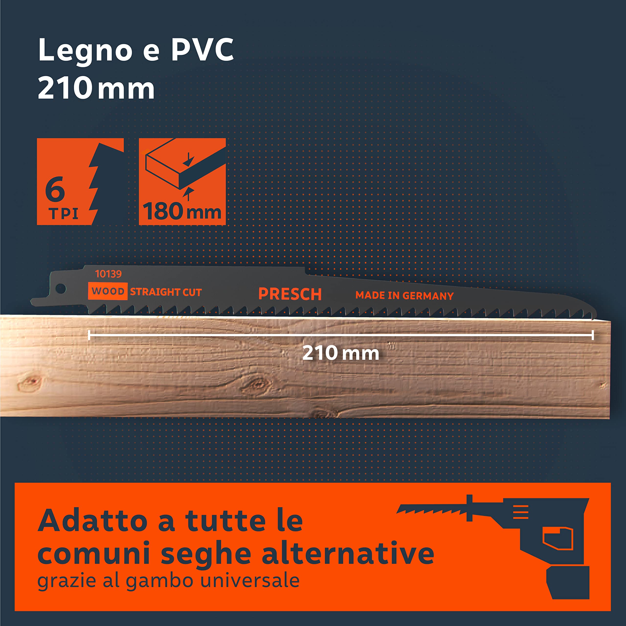 Presch Lame seghetto a gattuccio per legno 210 mm 10 pezzi - taglio 6-180 mm - Lame per sega a gattuccio er legno, tubi in PVC e altro. - Set di lame per sega con scatola