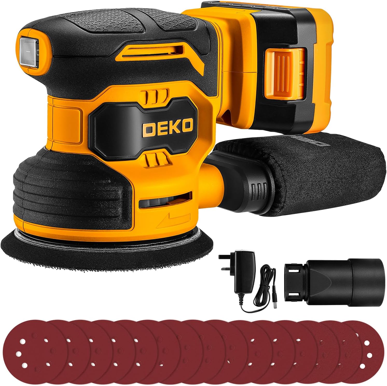 Random Orbital Sander Cordless：DEKOPRO 20V 2000mAH Sander with Battery and Charger,6000-13000RPM, 125mm Sander with 15Pcs Sandpapers & Dust Extraction for Sanding,Polishing Wood,DIY,Home Improvements
