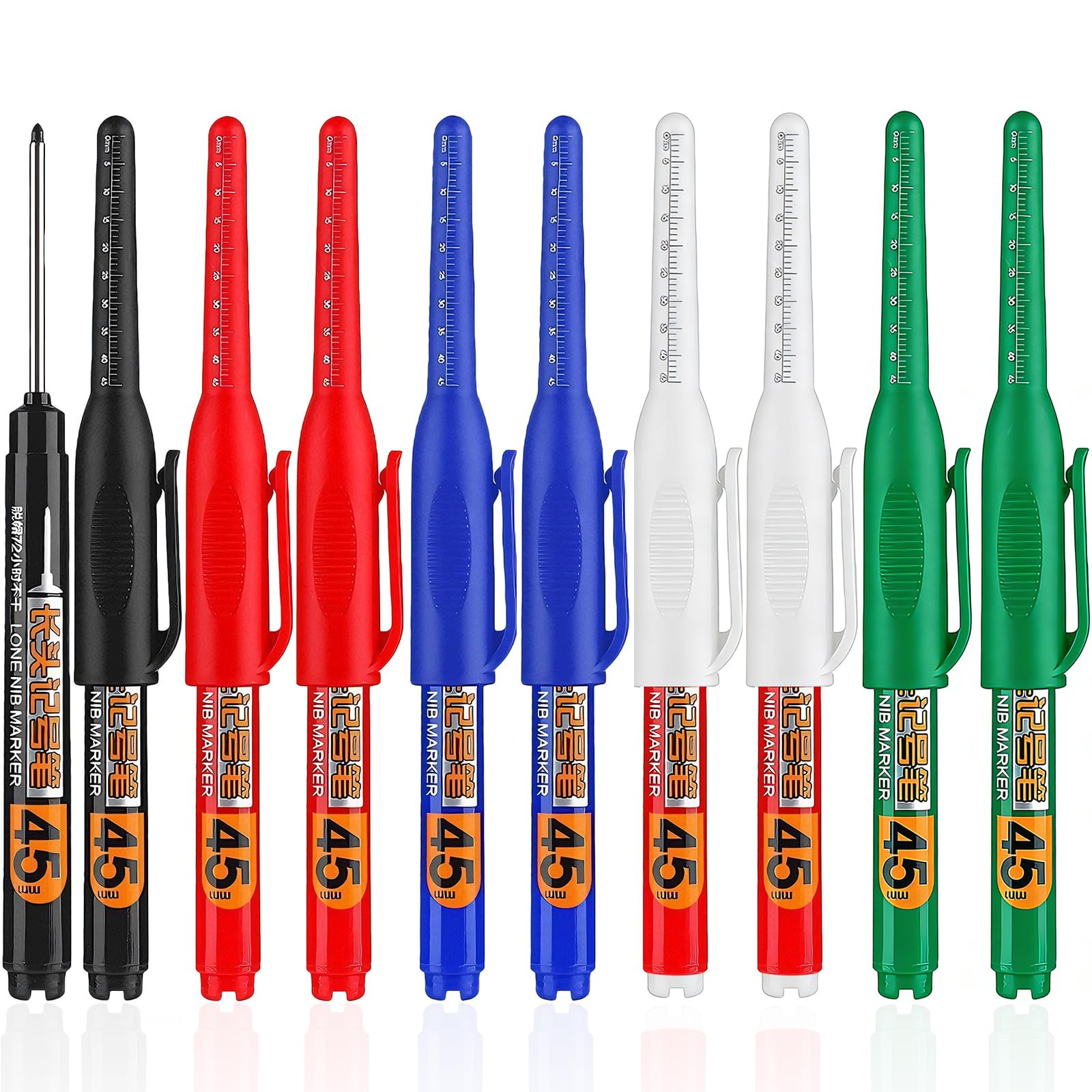 Artomnivera 10 Pcs Long Head Deep Hole Marker Pens, 45mm Long Nib Head Deep Reach Marker Waterproof Colorful Carpenter Pen for Bathroom Home Decoration Construction Pens Woodworking (5 Colors)