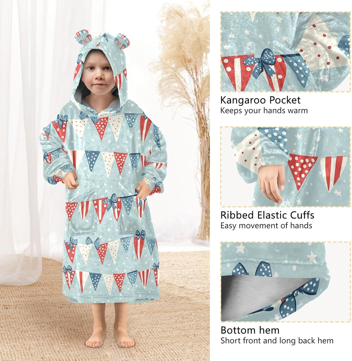 July 4th Independence Day Flag Kids Wearable Blanket Hoodie with Pocket and Sleeves for Toddlers Cute Hoodies Girls