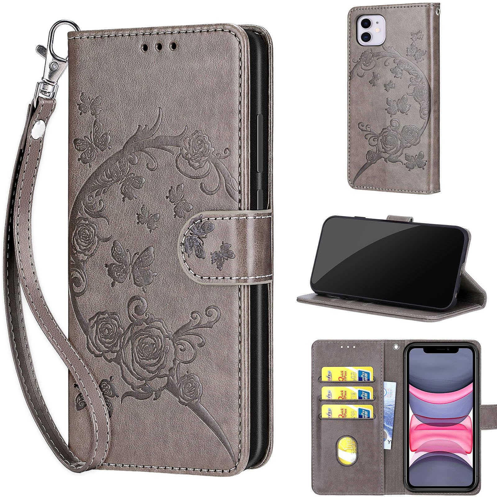 KENHONER Designed for iPhone 11 Case Wallet,Women Flip Folio Cover with Embossed PU Leather Stand Credit Card Holders Slots Wrist Strap Phone Case for