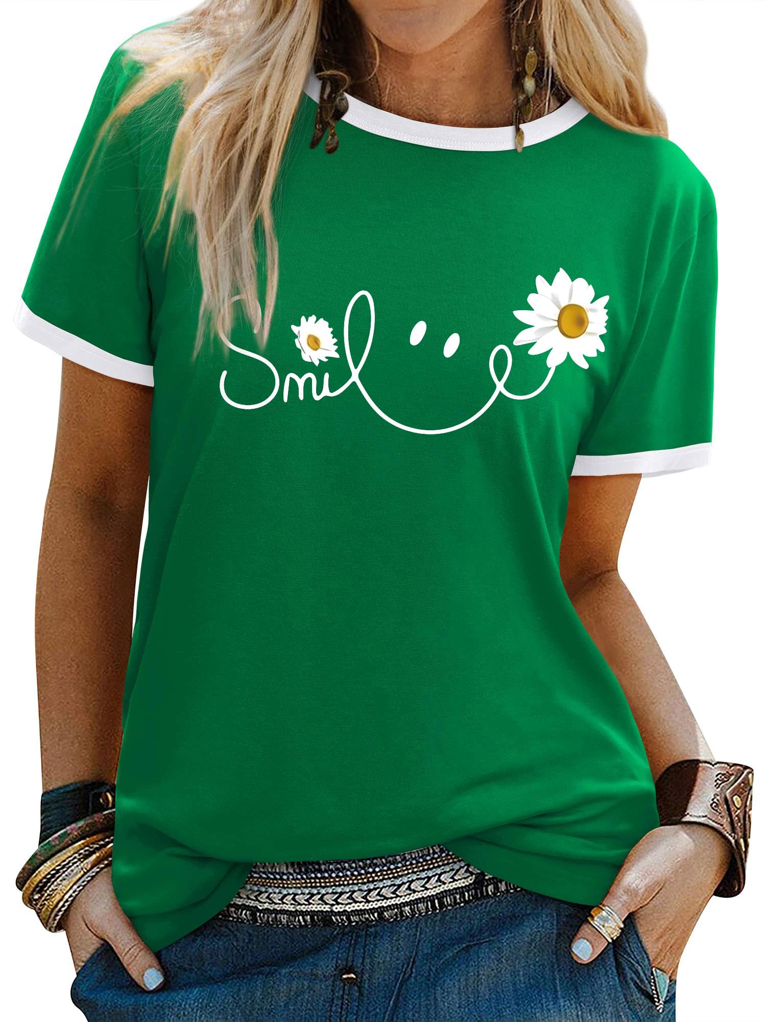 Yihelian Tshirts Frauen Rundhals Top Damen Daisy Print Kurzarm Tee Shirt Sommer Lächeln Brief Gedruckt Shirts
