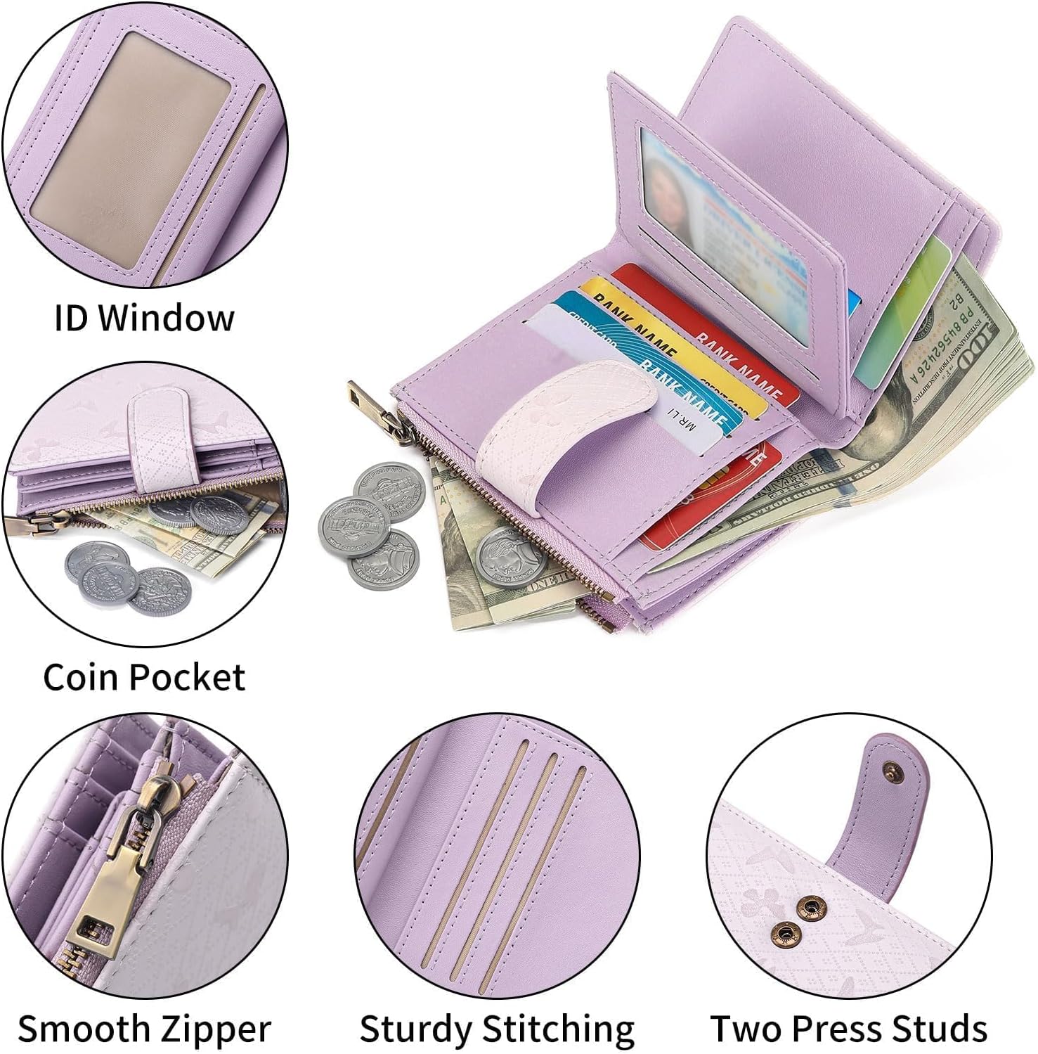 GAEKEAO Small Wallet Women Vegan Leather RFID Blocking Bifold Ladies Compact Card Holder with Zipper Pocket & ID Window