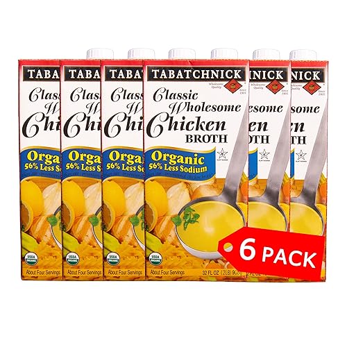 Tabatchnick Caldo de pollo orgánico bajo en sodio (paquete de 6) 32 onzas, certificado Kosher, pollo real, sin azúcar añadido, 10 calorías por