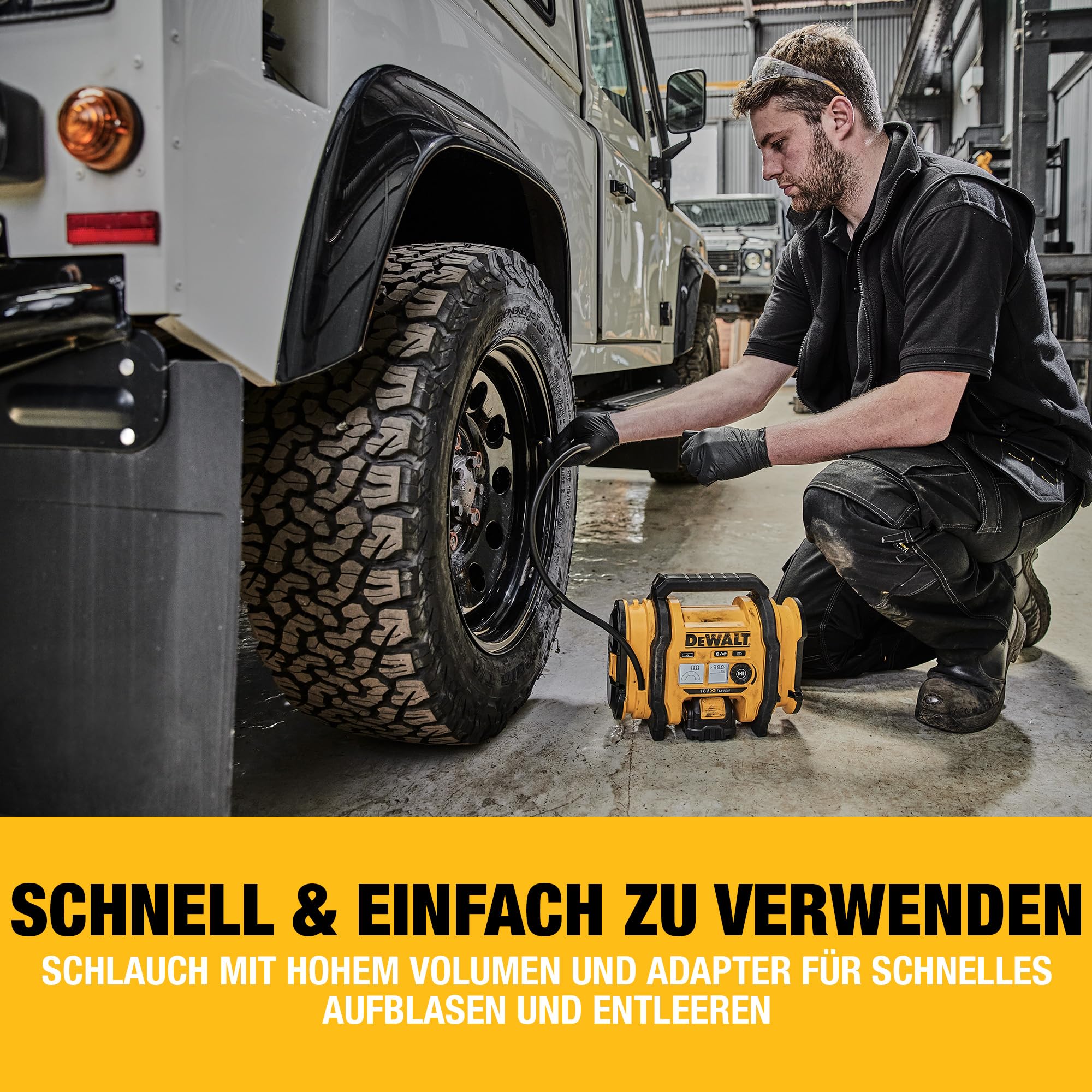 DEWALT 18 Volt Akku- und Netz-Kompressor (für 18V Akkus, Zigarettenanzünder oder 230V-Netz, zum Aufpumpen oder Absaugen von Luft, max. Luftdruck 11 Bar, ohne Akku und Ladegerät), DCC018N-XJ