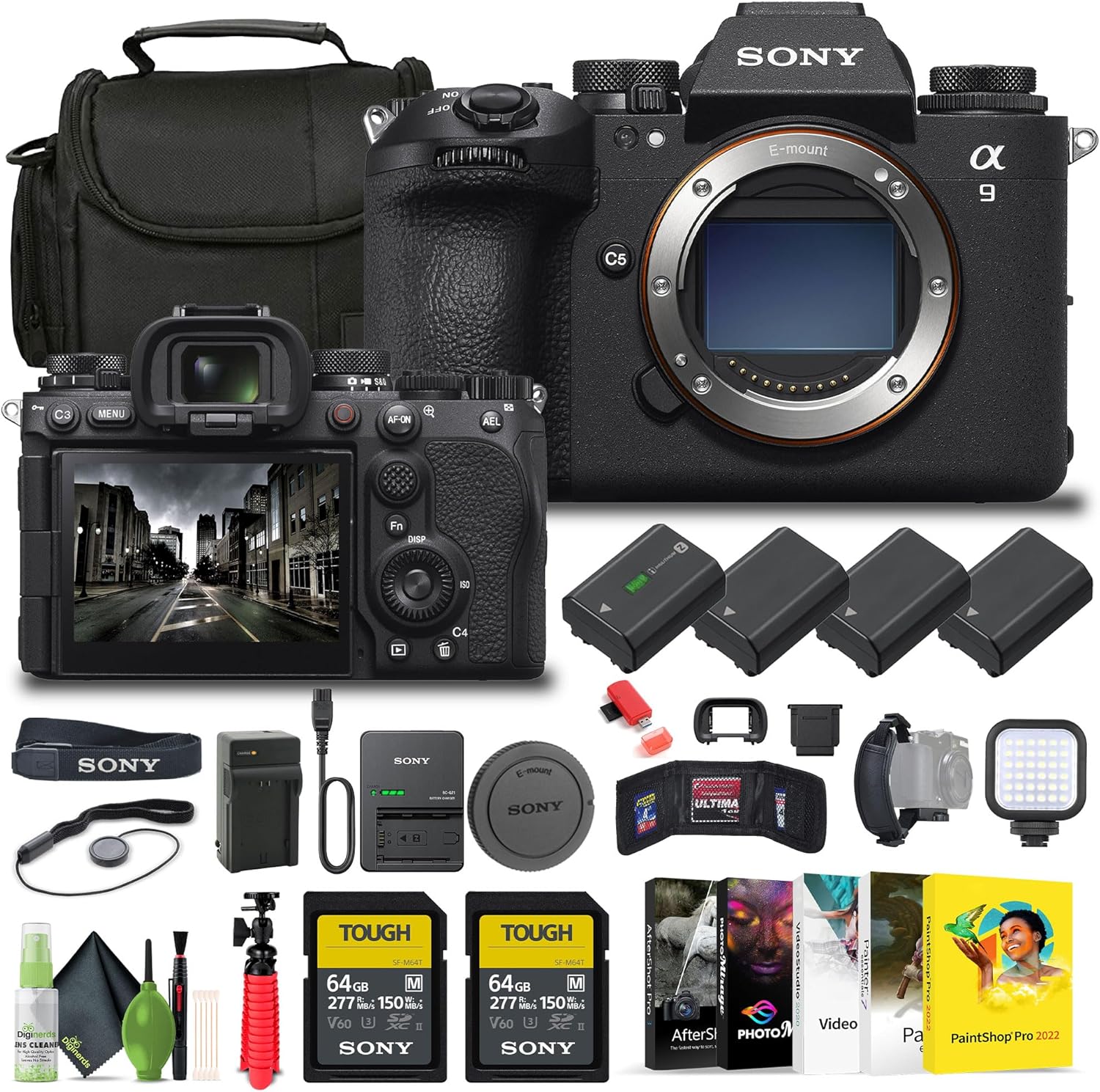 Sony Alpha a9 III Mirrorless Camera – 24.6MP Full Frame Global Shutter (ILCE-9M3), 2 x 64GB Card, Bag, 3 x NP-FZ100 Compatible Battery, External Charger, Card Reader, LED Light