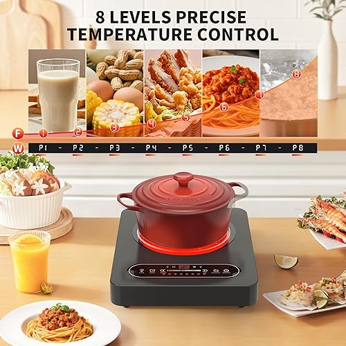 Miniatura 5 de Cocina eléctrica de un solo quemador, estufa eléctrica de 110 V 1800 W con control táctil LED, 10 niveles de potencia, temporizador, bloqueo de
