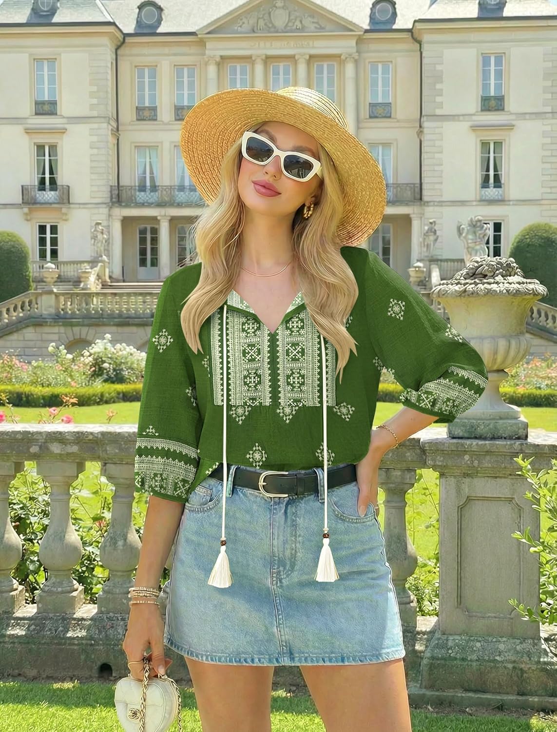 Boho Tops for Women Floral Print 3/4 Sleeve V Neck Blouse Pleated Flowy Vacation Casual Summer Tunic Blouses - Image 6