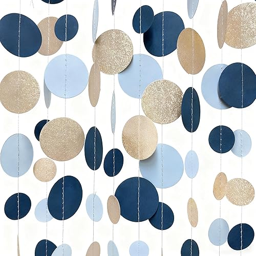 Miniatura 53 de Guirnalda de 46 pies de puntos circulares azul marino, negro y plateado, serpentina de lunares azul real y negro para cumpleaños, graduaciones